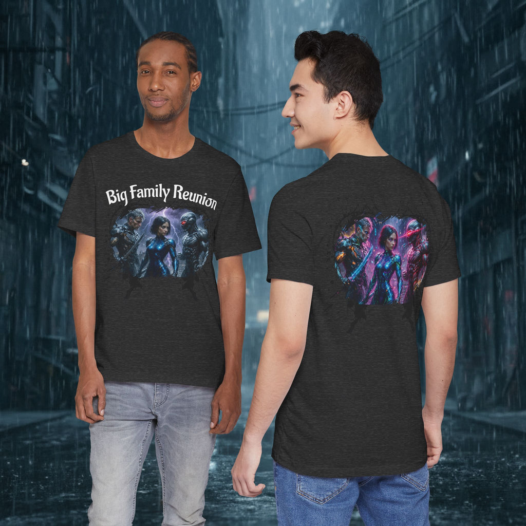 T-Shirt — "Big Family Reunion" Sci‑Fi Character Heart Graphic Tee - Battle Suits