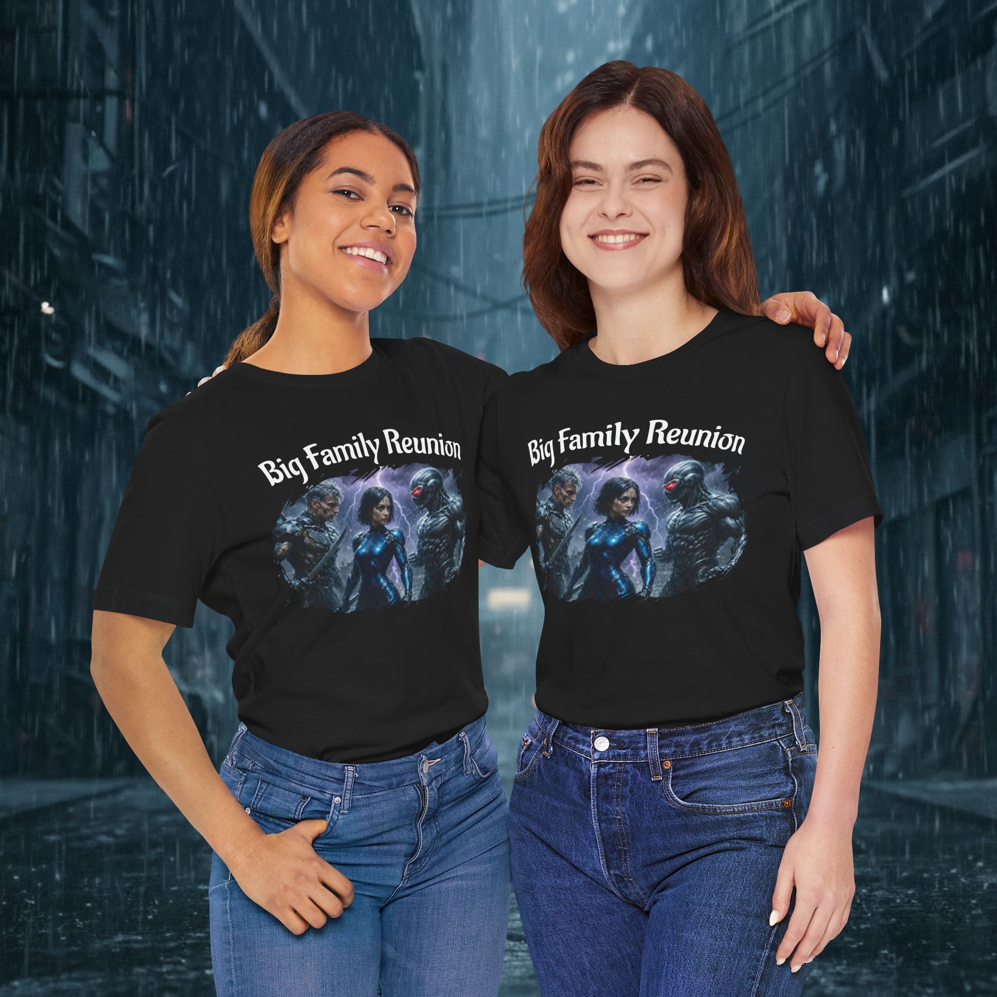 T-Shirt — "Big Family Reunion" Sci‑Fi Character Heart Graphic Tee - Battle Suits