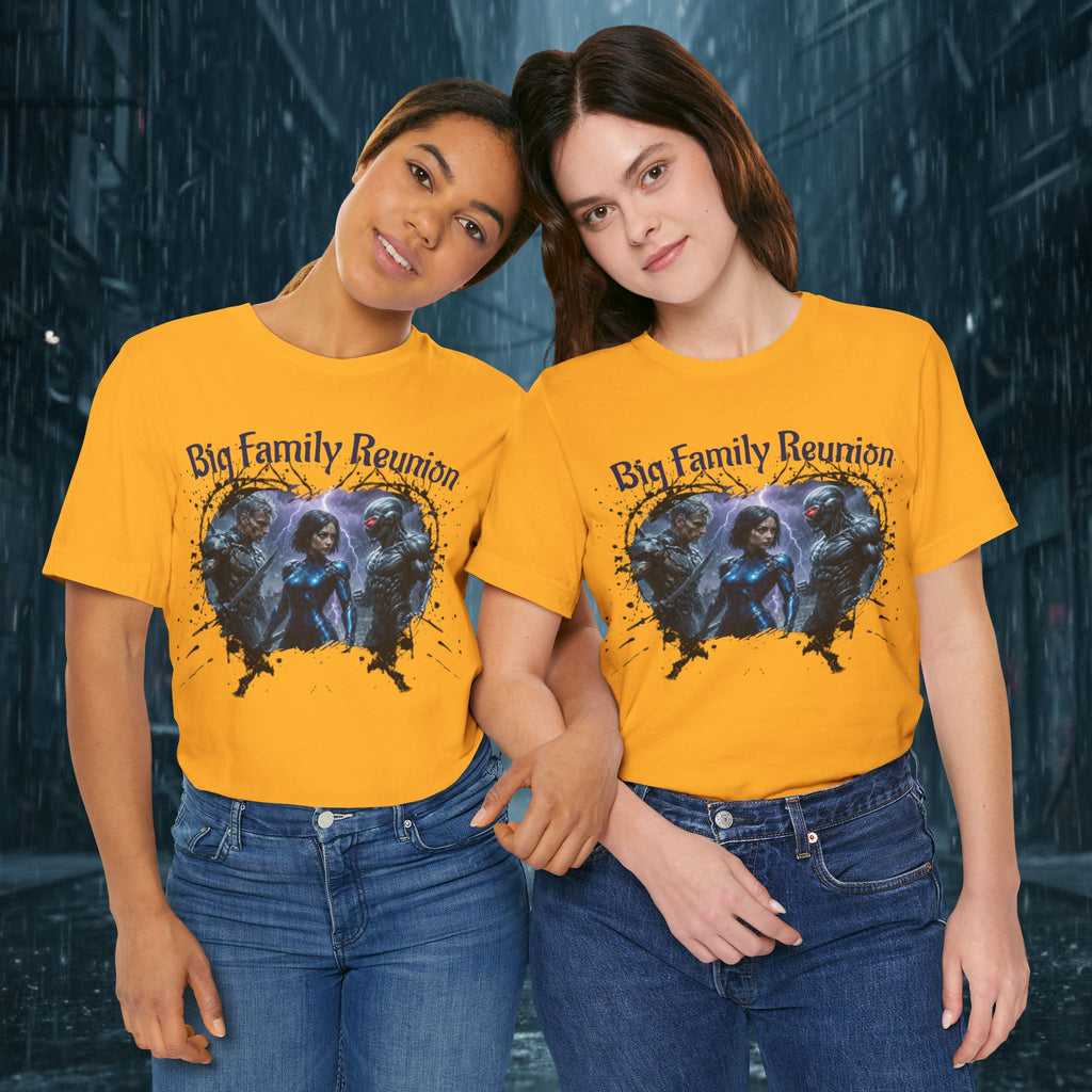 T-Shirt — "Big Family Reunion" Sci‑Fi Character Heart Graphic Tee - Battle Suits