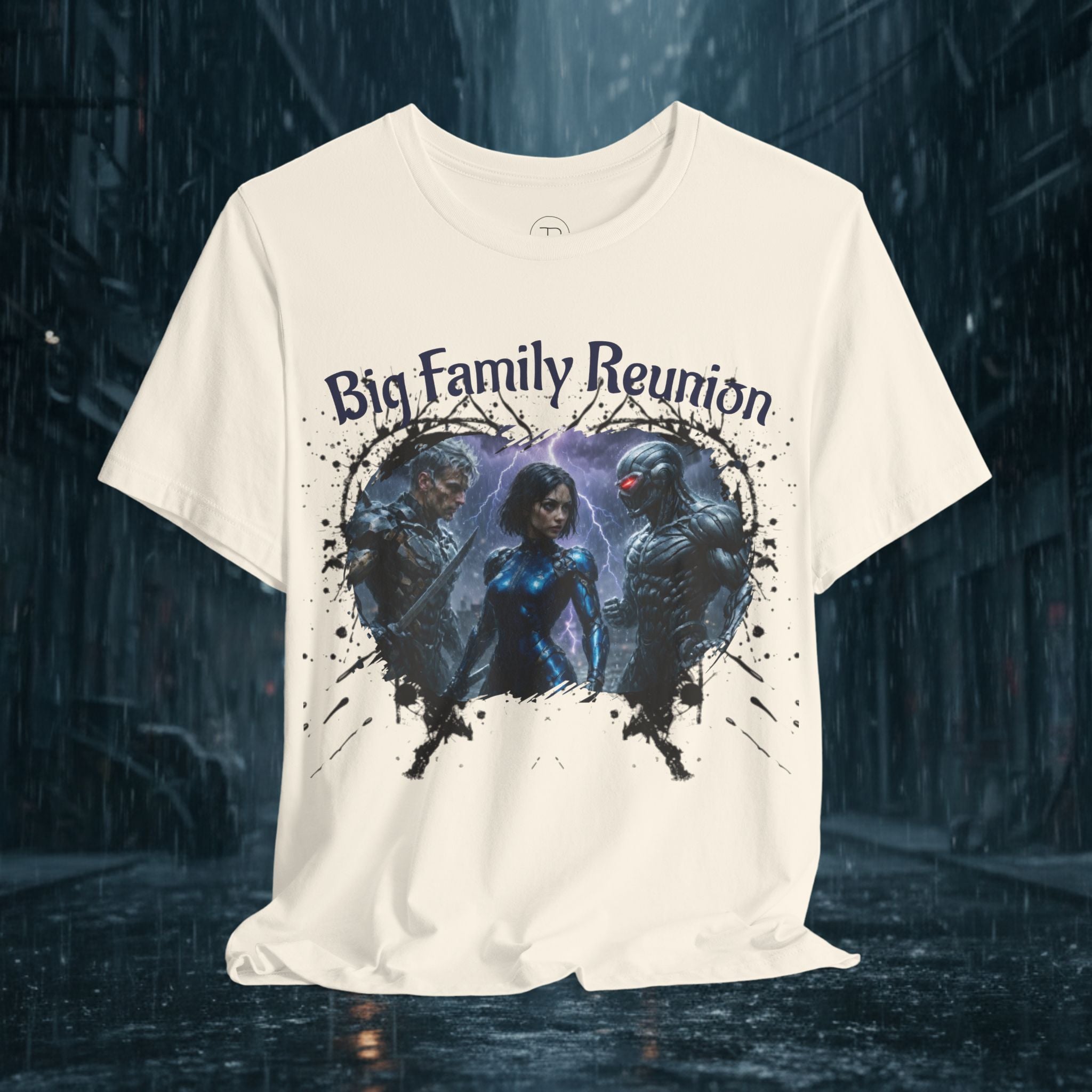 T-Shirt — "Big Family Reunion" Sci‑Fi Character Heart Graphic Tee - Battle Suits