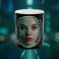 Cyberpunk Face Mask Ceramic Mug — Futuristic Portrait Coffee Cup (11oz/15oz) - Green Cyborg Woman