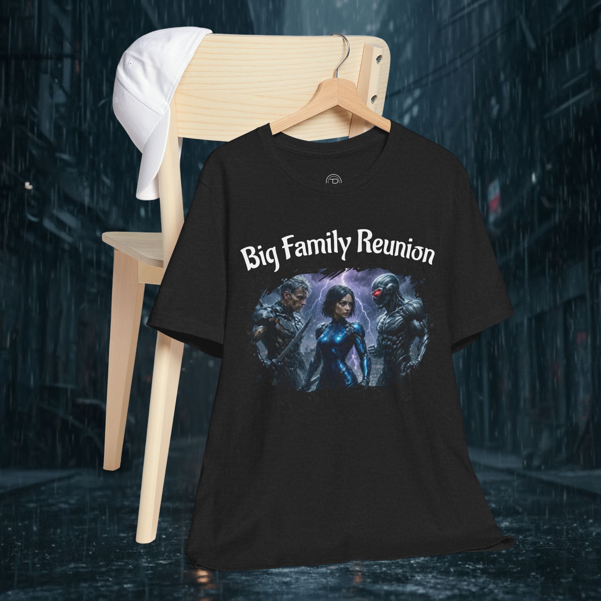 T-Shirt — "Big Family Reunion" Sci‑Fi Character Heart Graphic Tee - Battle Suits