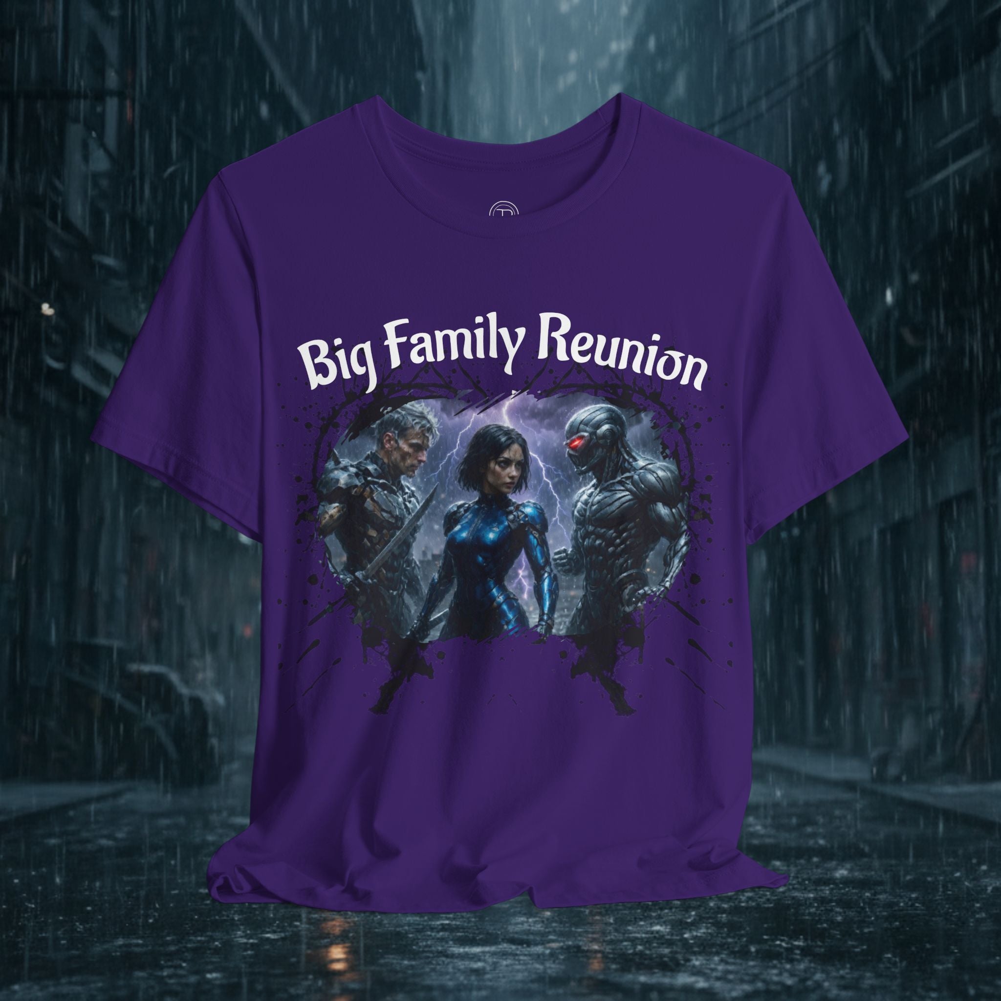 T-Shirt — "Big Family Reunion" Sci‑Fi Character Heart Graphic Tee - Battle Suits