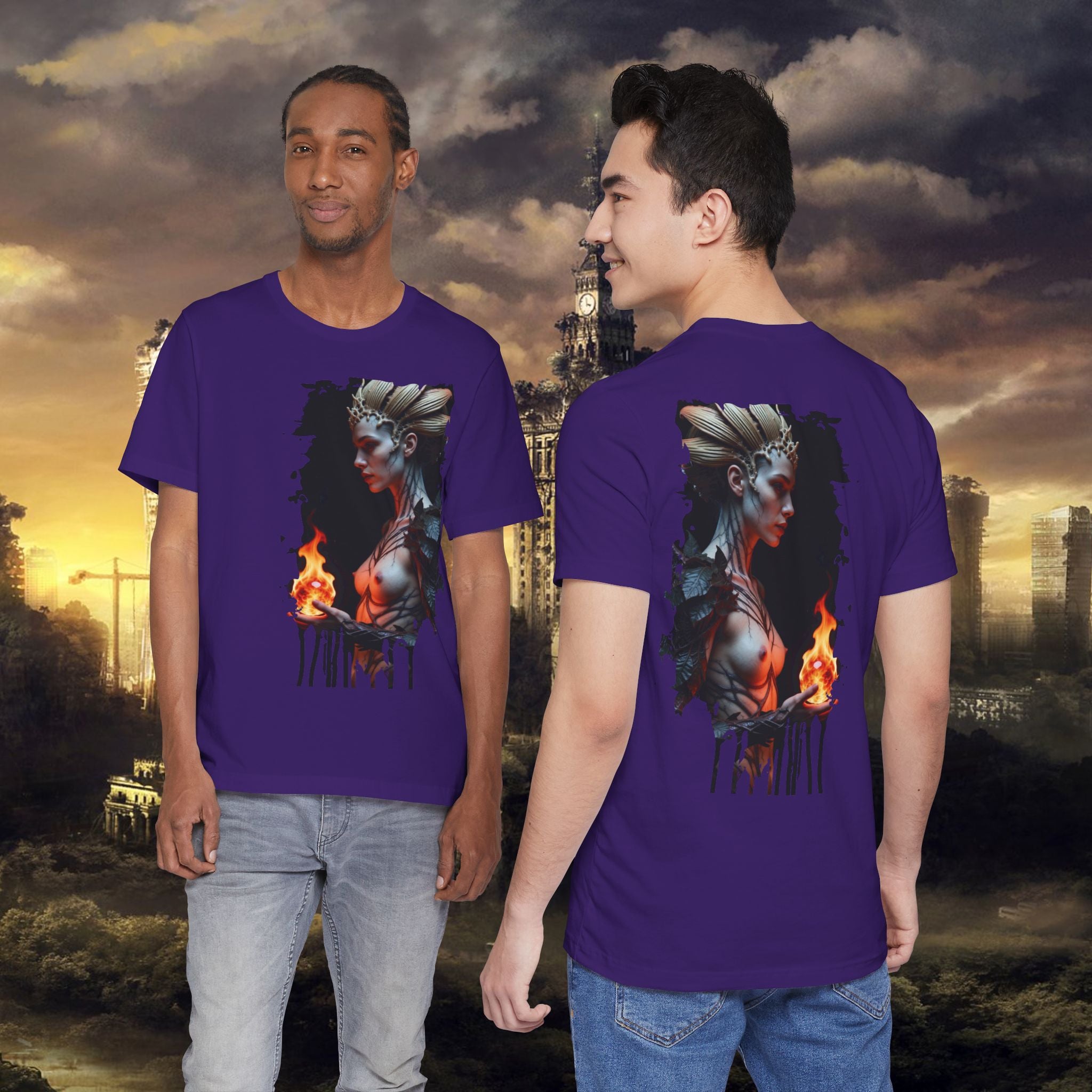 Mythic Fire Goddess T‑Shirt — Fantasy Portrait Tee with Flaming Orb - Alexia Ashford Side Face