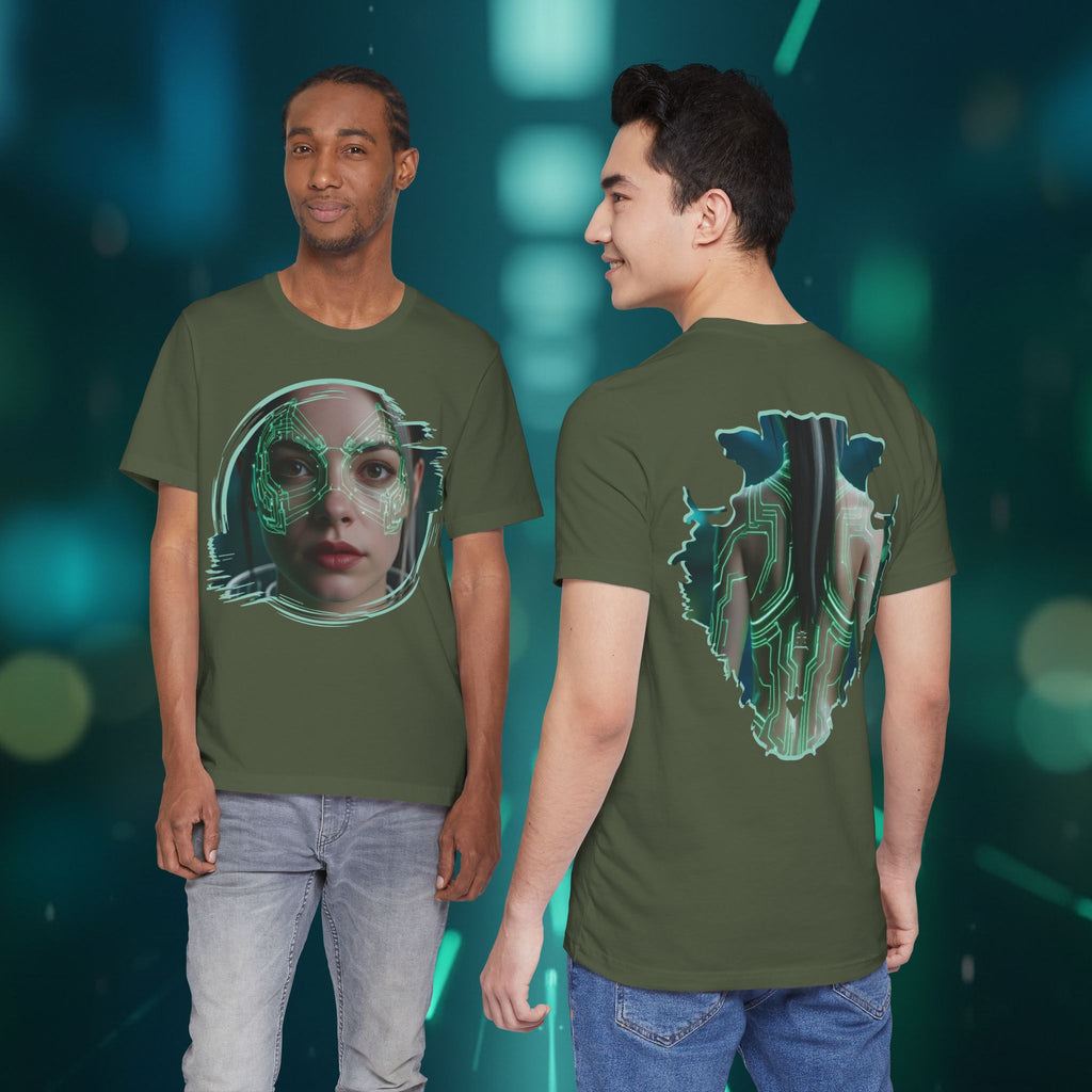 Cybernetic Portrait Tee — Futuristic Neon Circuit Face Graphic Shirt - Green Cyborg Woman