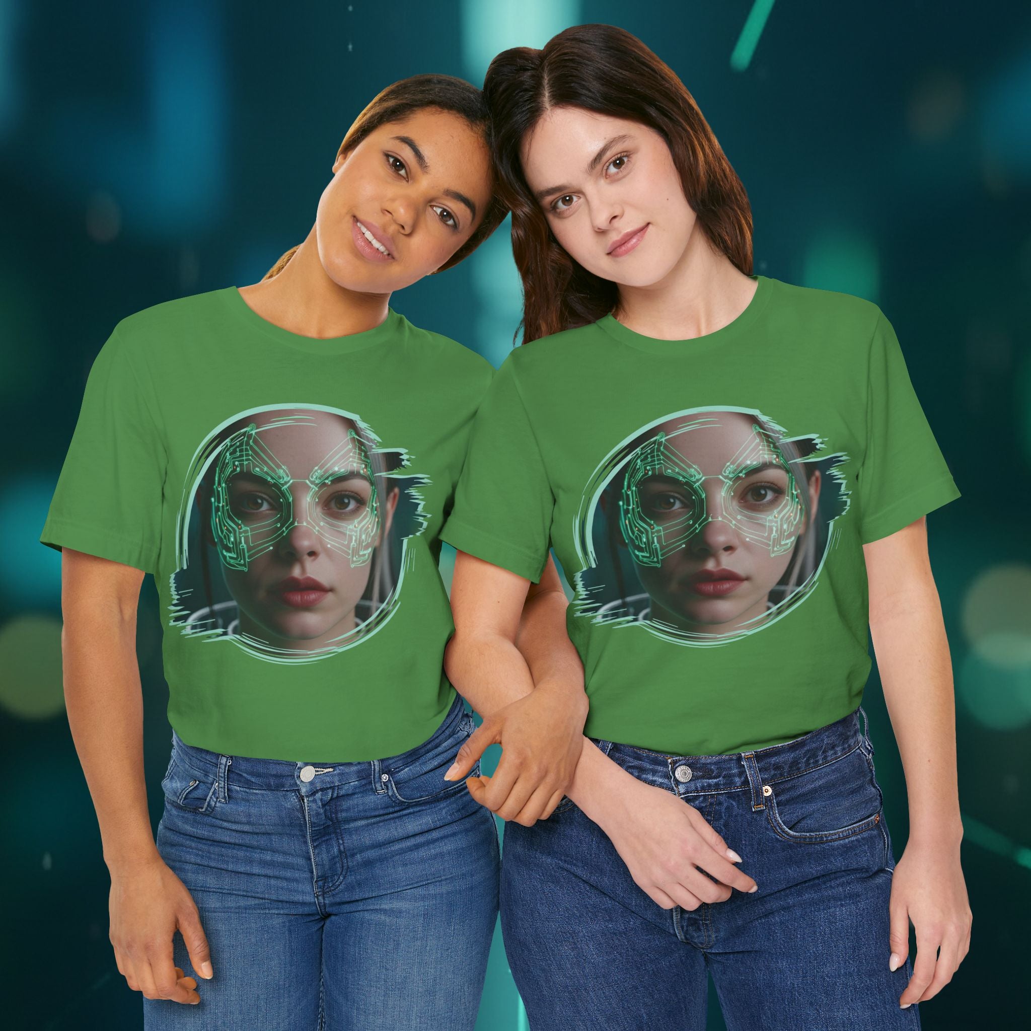 Cybernetic Portrait Tee — Futuristic Neon Circuit Face Graphic Shirt - Green Cyborg Woman