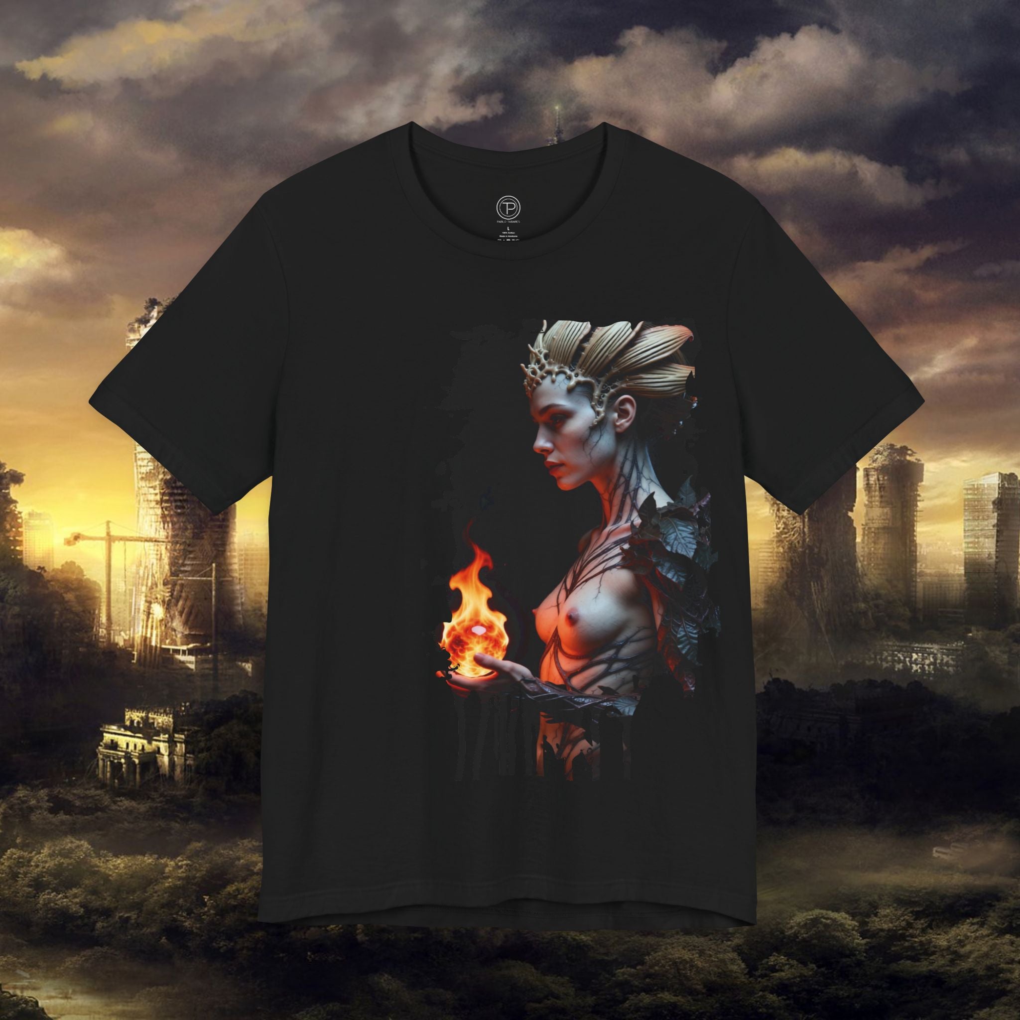 Mythic Fire Goddess T‑Shirt — Fantasy Portrait Tee with Flaming Orb - Alexia Ashford Side Face