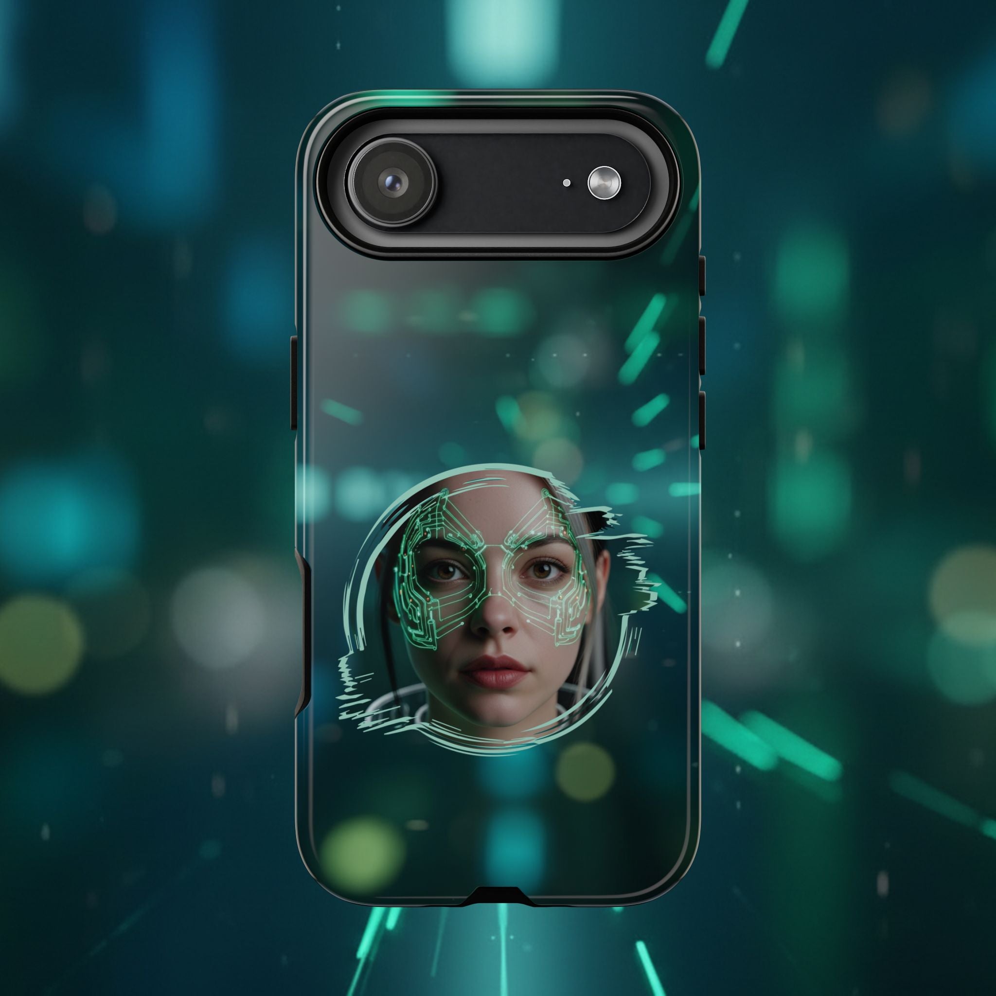 Cyberpunk Portrait Phone Case — Futuristic Neon Tech Face Design Tough Case - Green Cyborg Woman