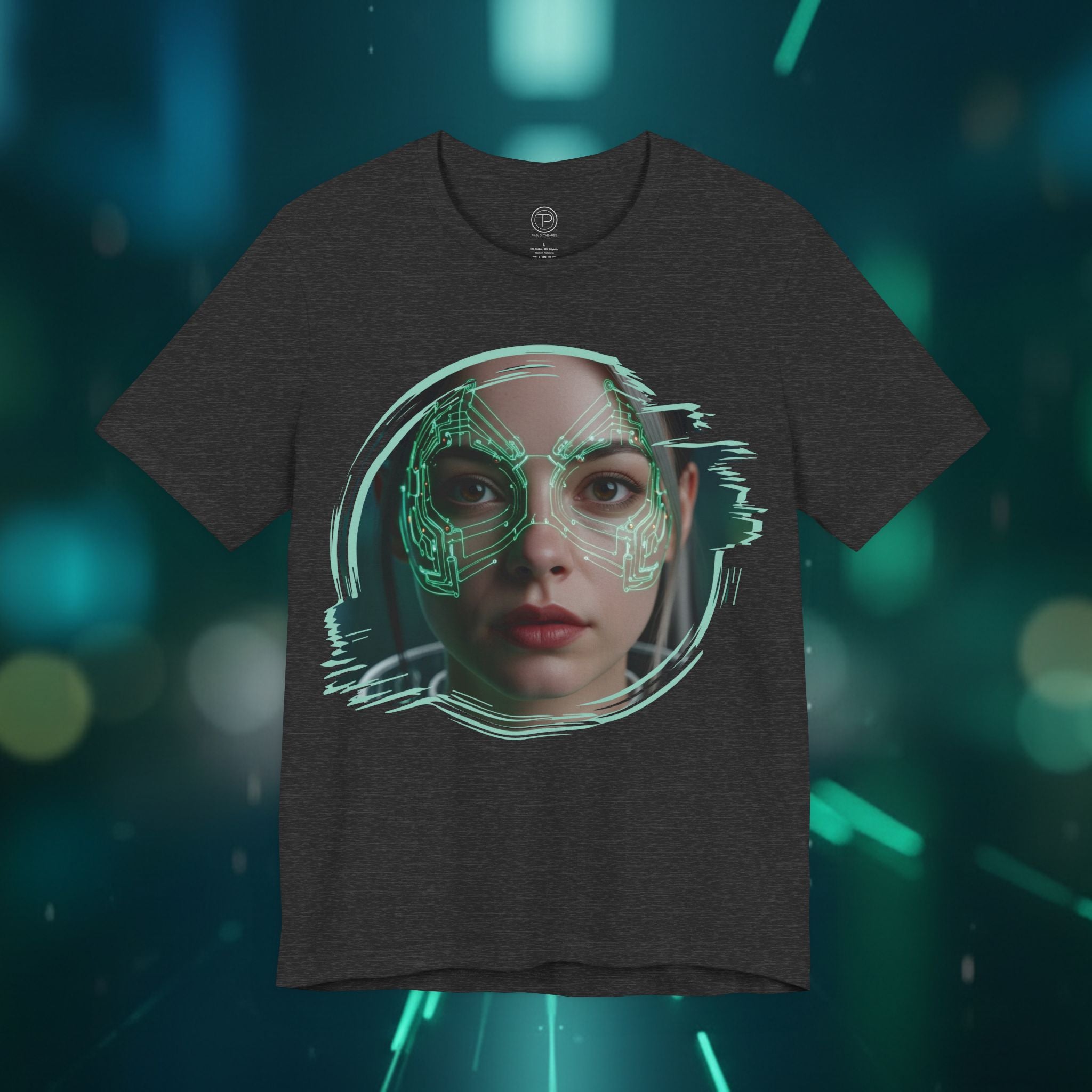 Cybernetic Portrait Tee — Futuristic Neon Circuit Face Graphic Shirt - Green Cyborg Woman
