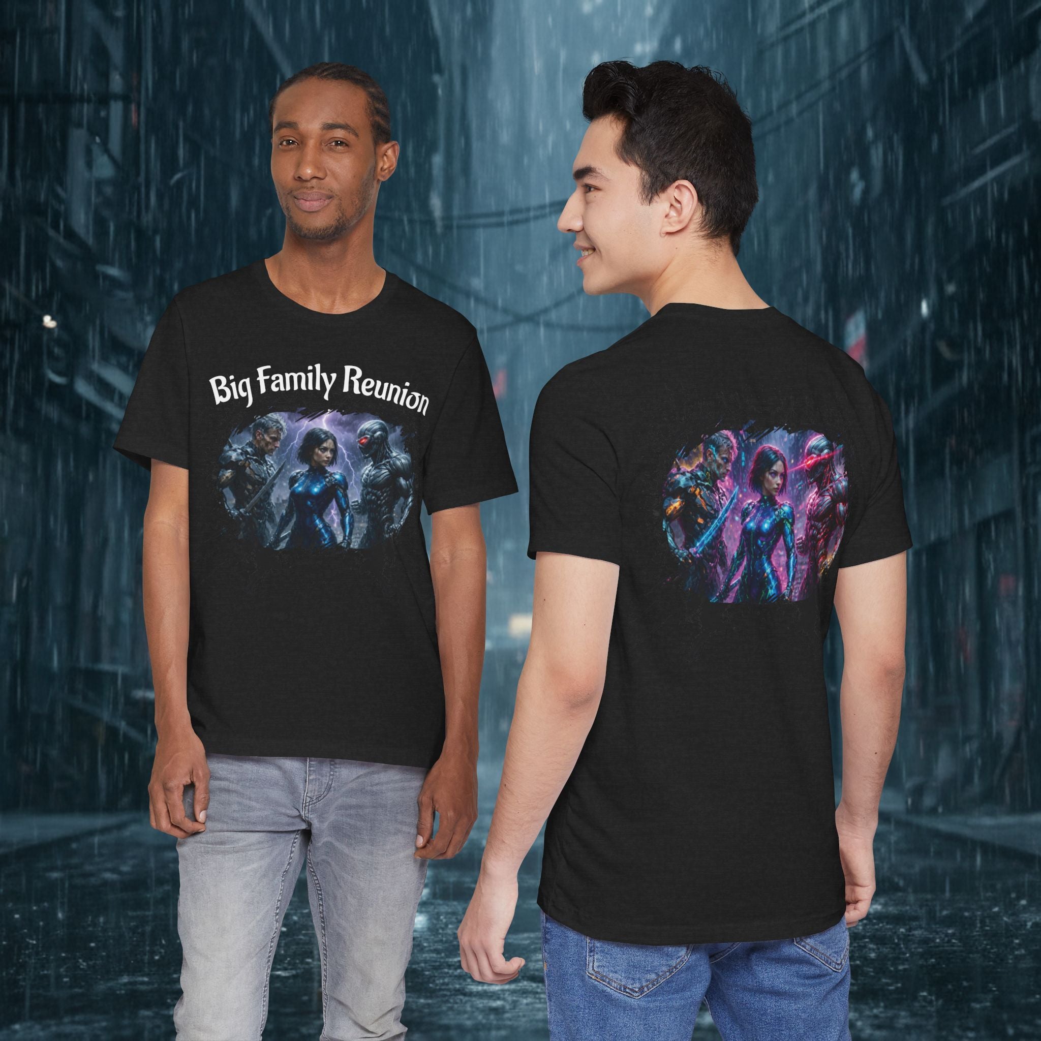 T-Shirt — "Big Family Reunion" Sci‑Fi Character Heart Graphic Tee - Battle Suits