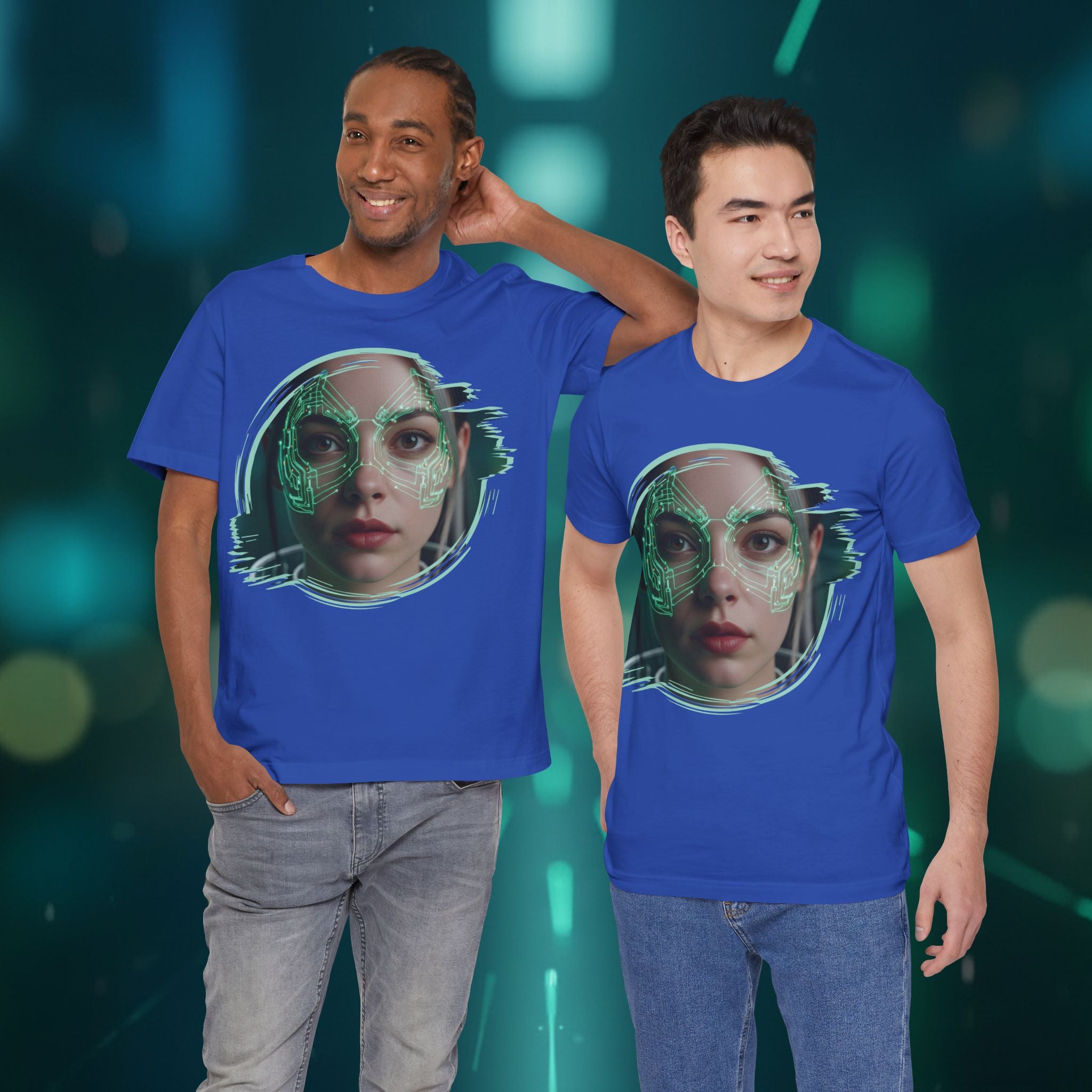 Cybernetic Portrait Tee — Futuristic Neon Circuit Face Graphic Shirt - Green Cyborg Woman