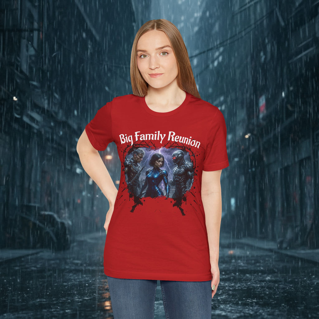 T-Shirt — "Big Family Reunion" Sci‑Fi Character Heart Graphic Tee - Battle Suits