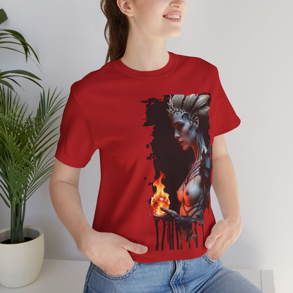 Mythic Fire Goddess T‑Shirt — Fantasy Portrait Tee with Flaming Orb - Alexia Ashford Side Face