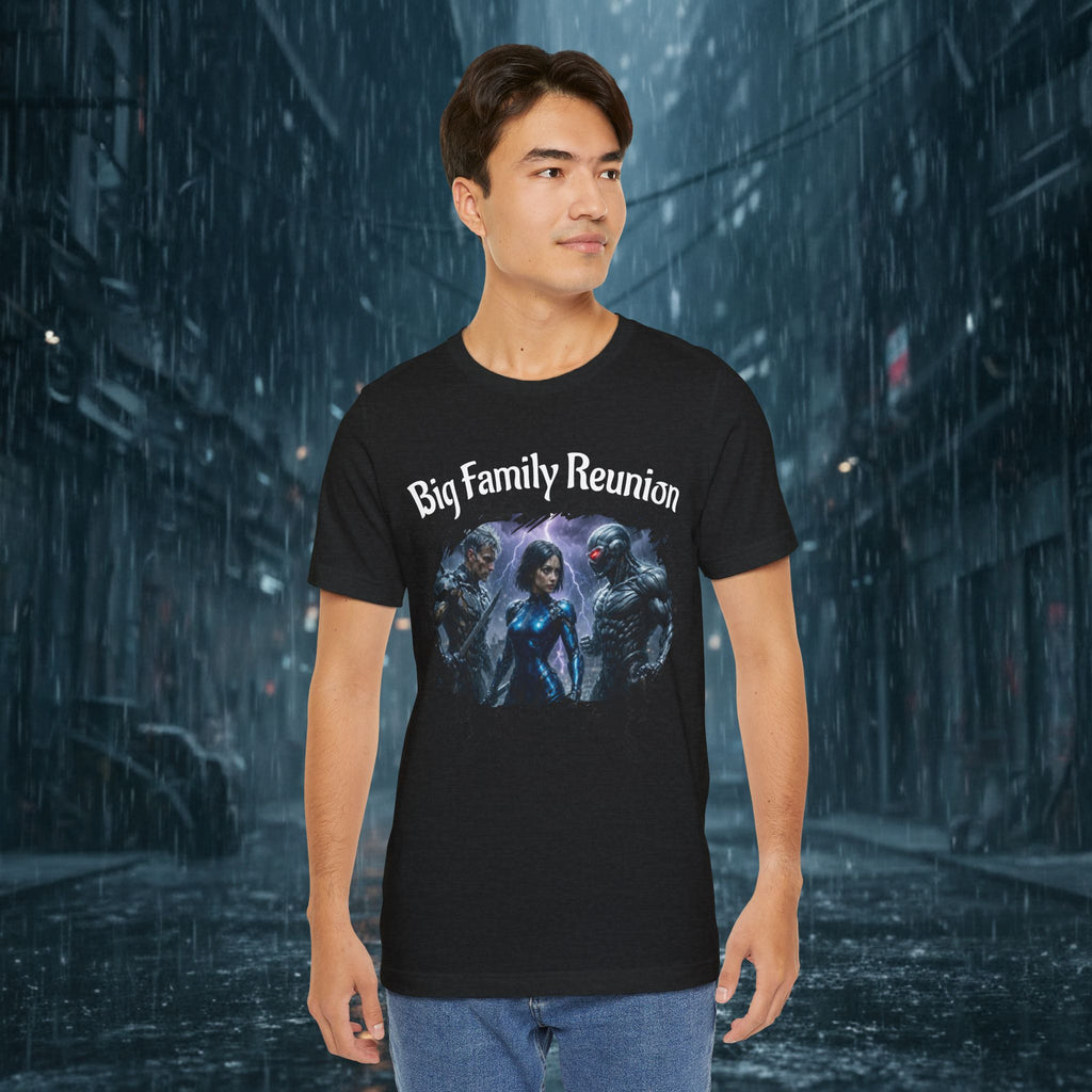 T-Shirt — "Big Family Reunion" Sci‑Fi Character Heart Graphic Tee - Battle Suits