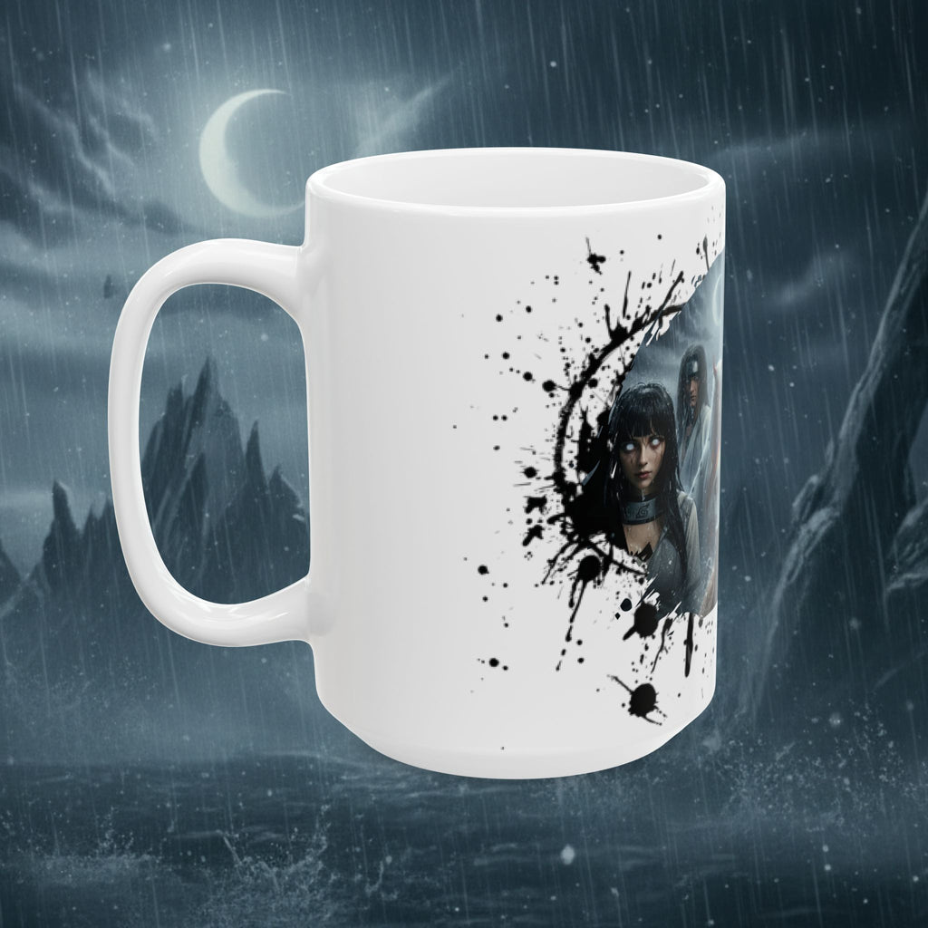 Horror Game Character Ceramic Mug — Dark Moon Night Coffee Cup (11oz/15oz) - Byakugan Family and Riddick - white