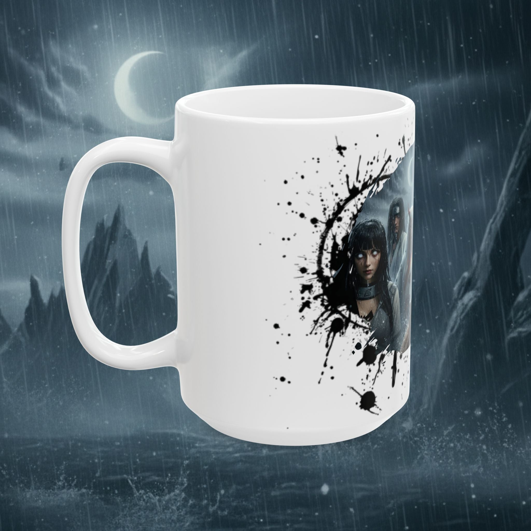 Horror Game Character Ceramic Mug — Dark Moon Night Coffee Cup (11oz/15oz) - Byakugan Family and Riddick - white