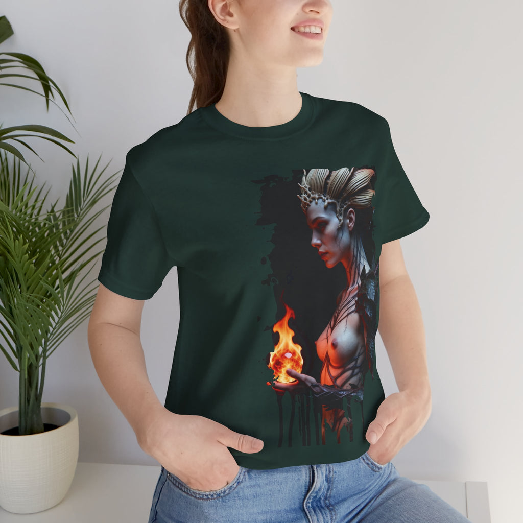 Mythic Fire Goddess T‑Shirt — Fantasy Portrait Tee with Flaming Orb - Alexia Ashford Side Face