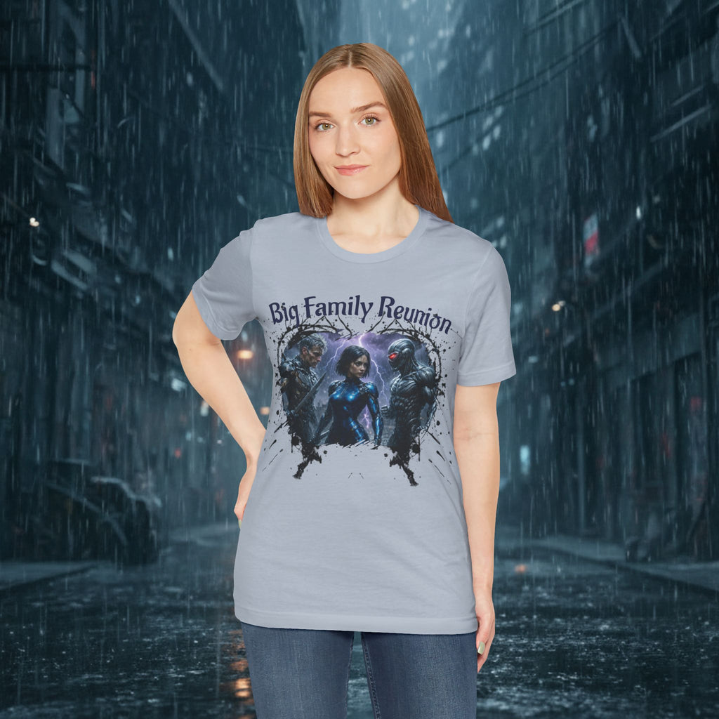 T-Shirt — "Big Family Reunion" Sci‑Fi Character Heart Graphic Tee - Battle Suits