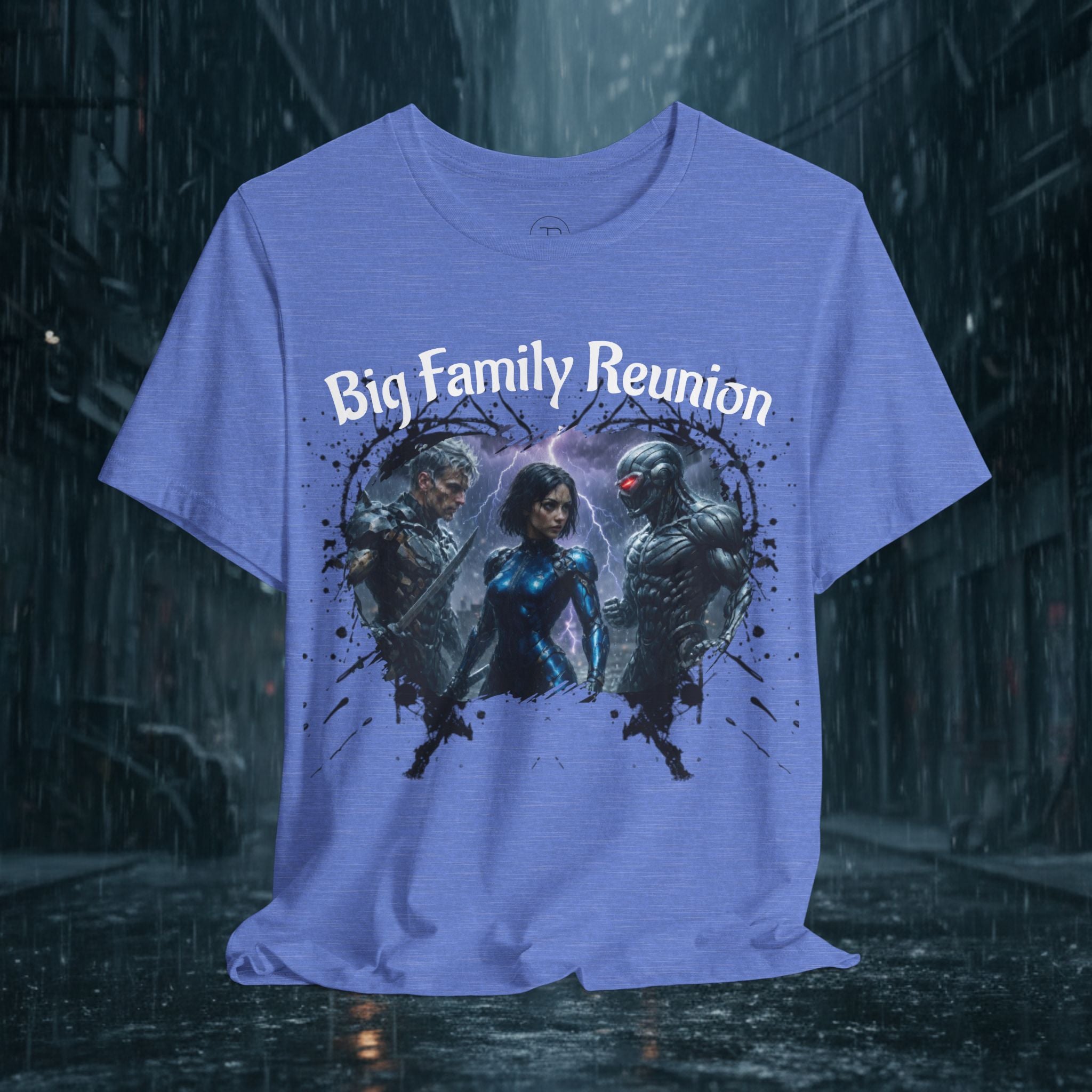 T-Shirt — "Big Family Reunion" Sci‑Fi Character Heart Graphic Tee - Battle Suits