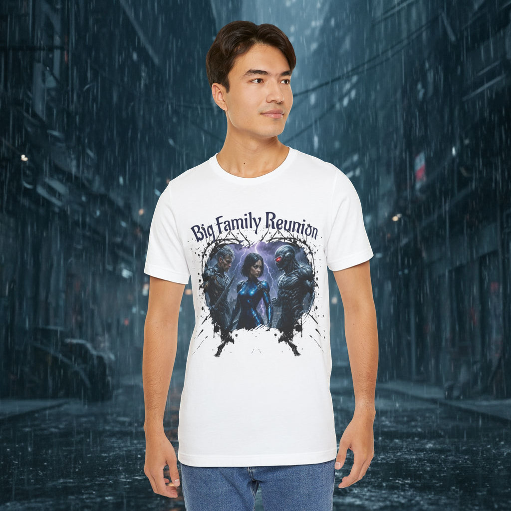T-Shirt — "Big Family Reunion" Sci‑Fi Character Heart Graphic Tee - Battle Suits