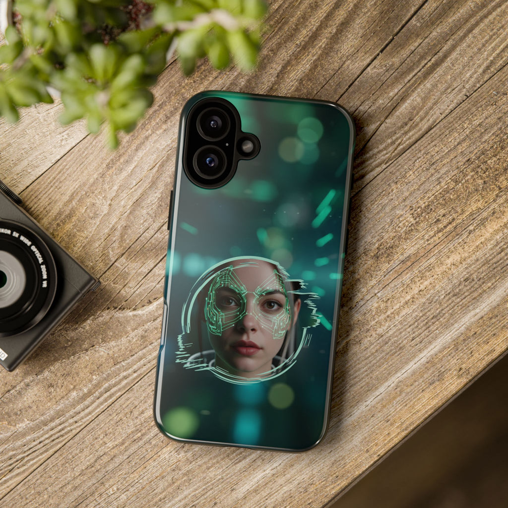 Cyberpunk Portrait Phone Case — Futuristic Neon Tech Face Design Tough Case - Green Cyborg Woman