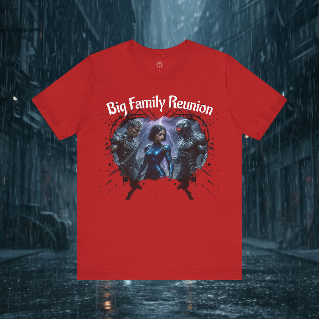T-Shirt — "Big Family Reunion" Sci‑Fi Character Heart Graphic Tee - Battle Suits