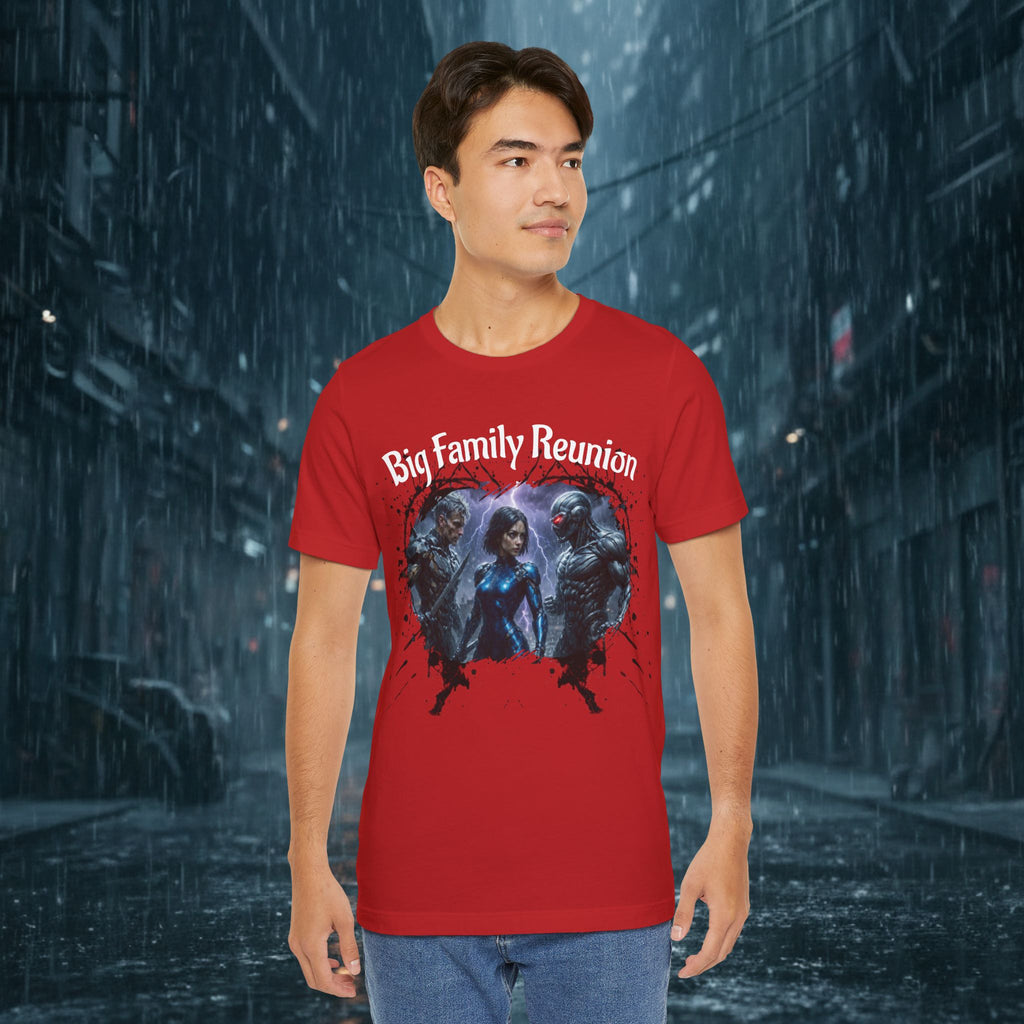 T-Shirt — "Big Family Reunion" Sci‑Fi Character Heart Graphic Tee - Battle Suits