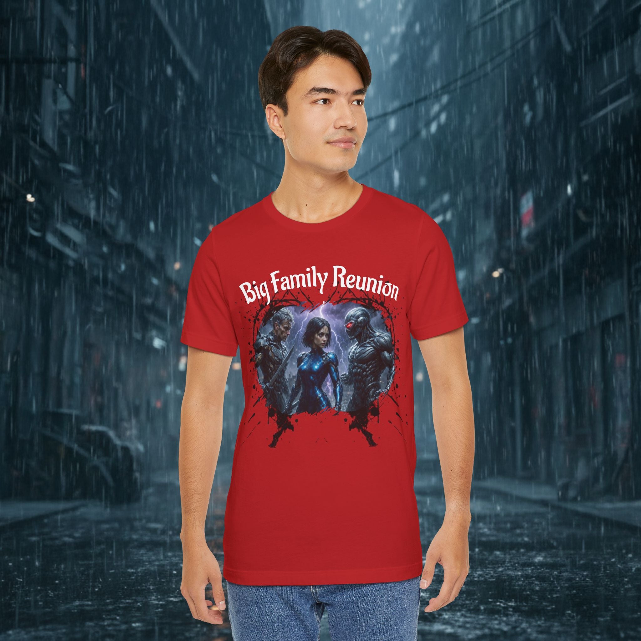 T-Shirt — "Big Family Reunion" Sci‑Fi Character Heart Graphic Tee - Battle Suits