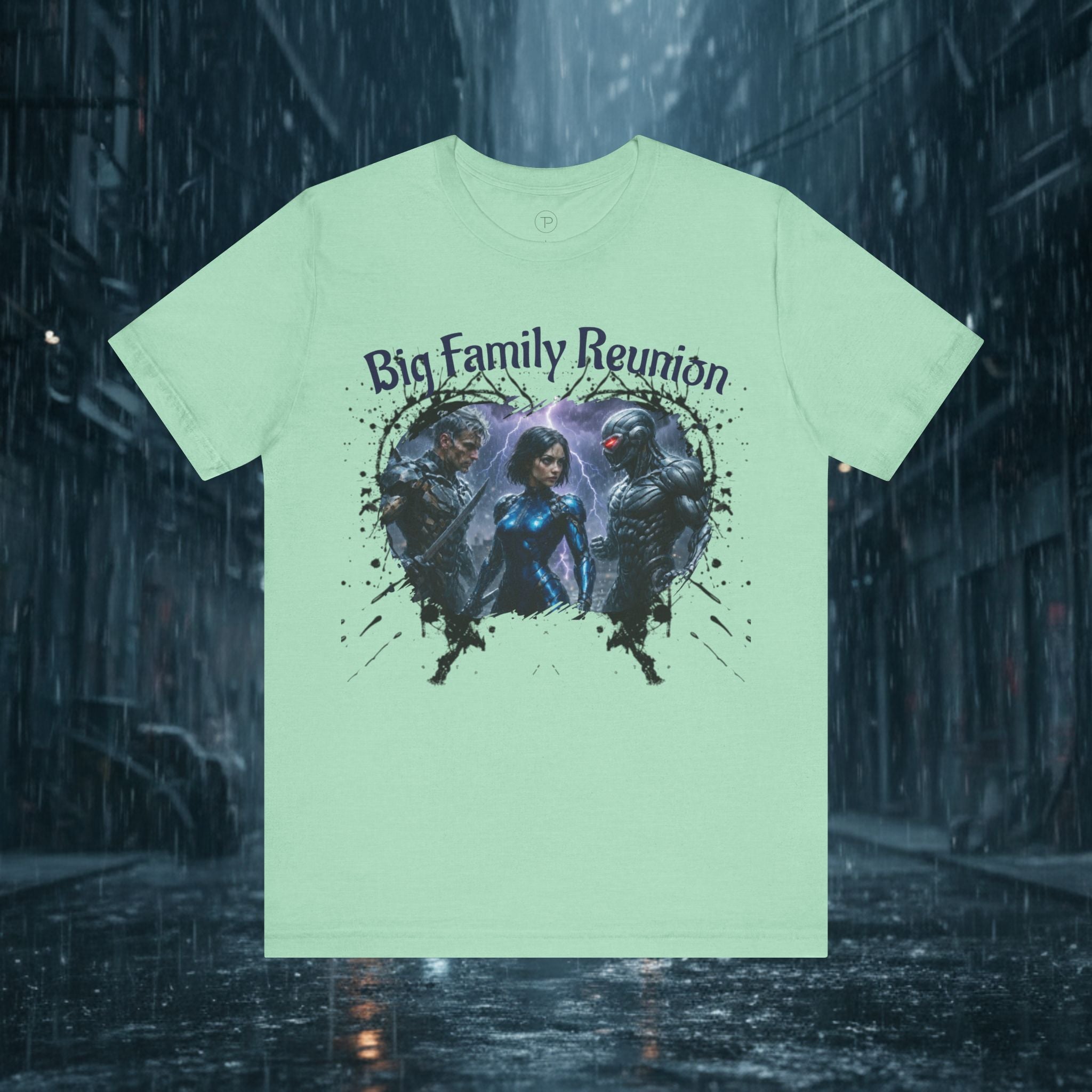 T-Shirt — "Big Family Reunion" Sci‑Fi Character Heart Graphic Tee - Battle Suits