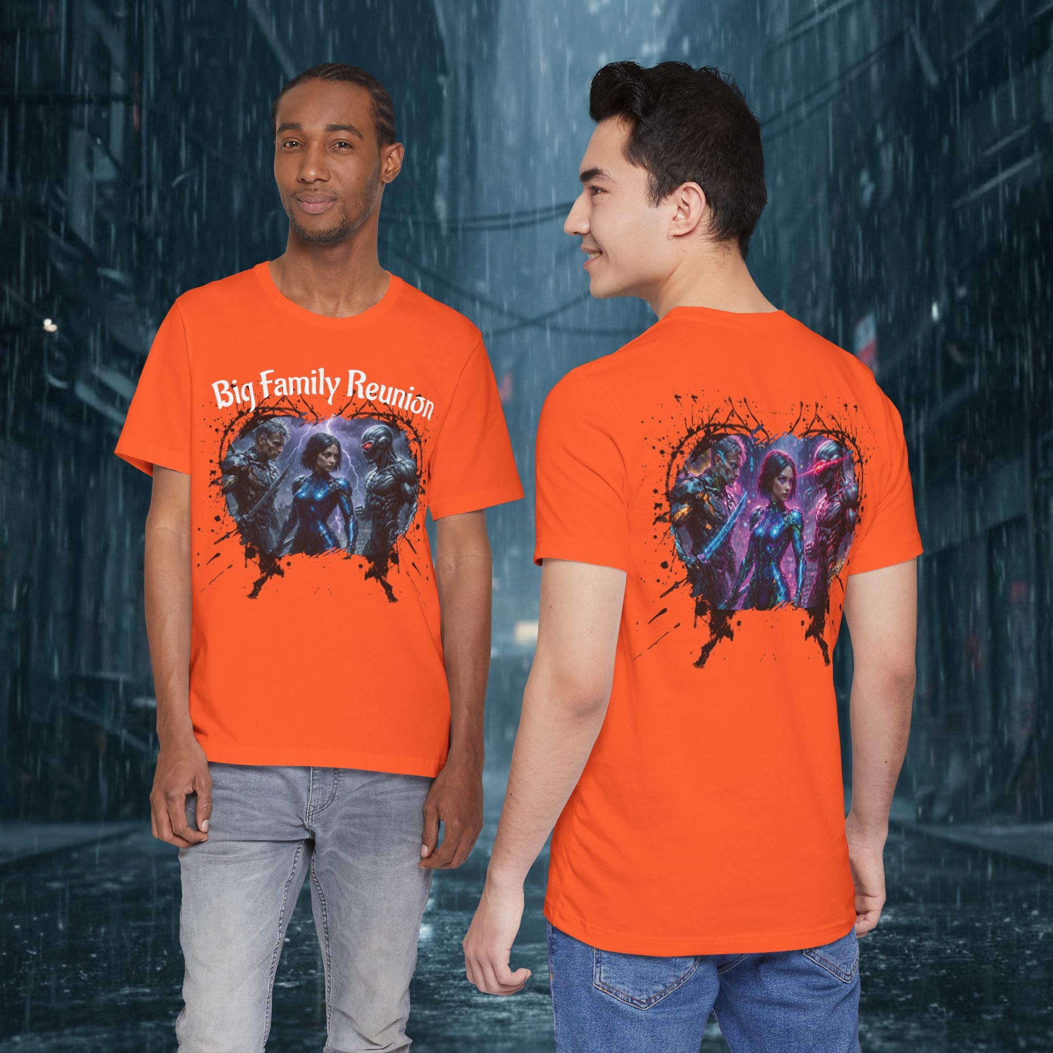 T-Shirt — "Big Family Reunion" Sci‑Fi Character Heart Graphic Tee - Battle Suits