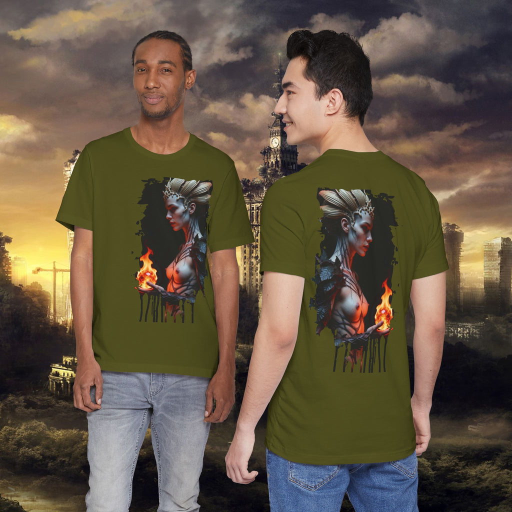 Mythic Fire Goddess T‑Shirt — Fantasy Portrait Tee with Flaming Orb - Alexia Ashford Side Face