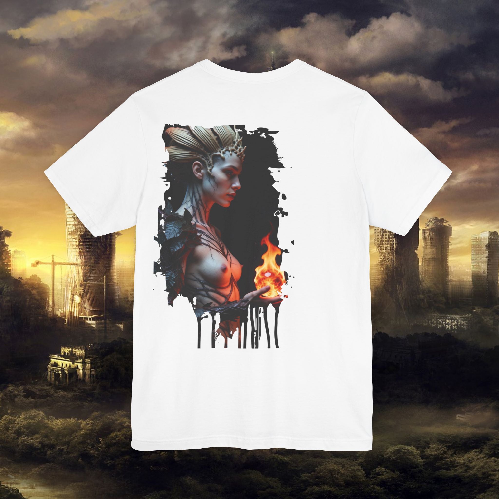 Mythic Fire Goddess T‑Shirt — Fantasy Portrait Tee with Flaming Orb - Alexia Ashford Side Face
