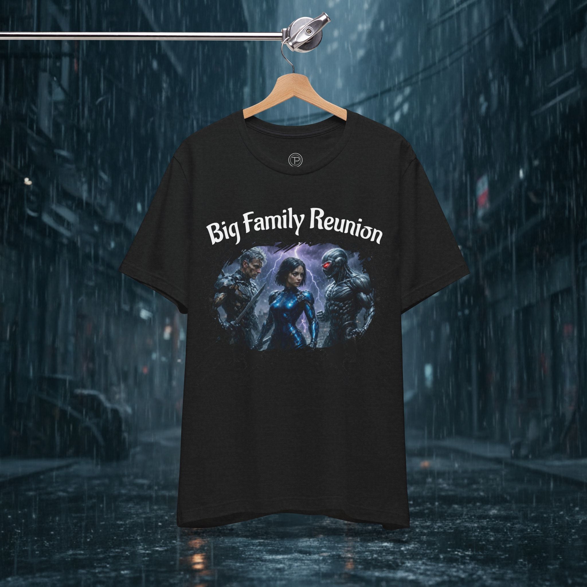 T-Shirt — "Big Family Reunion" Sci‑Fi Character Heart Graphic Tee - Battle Suits