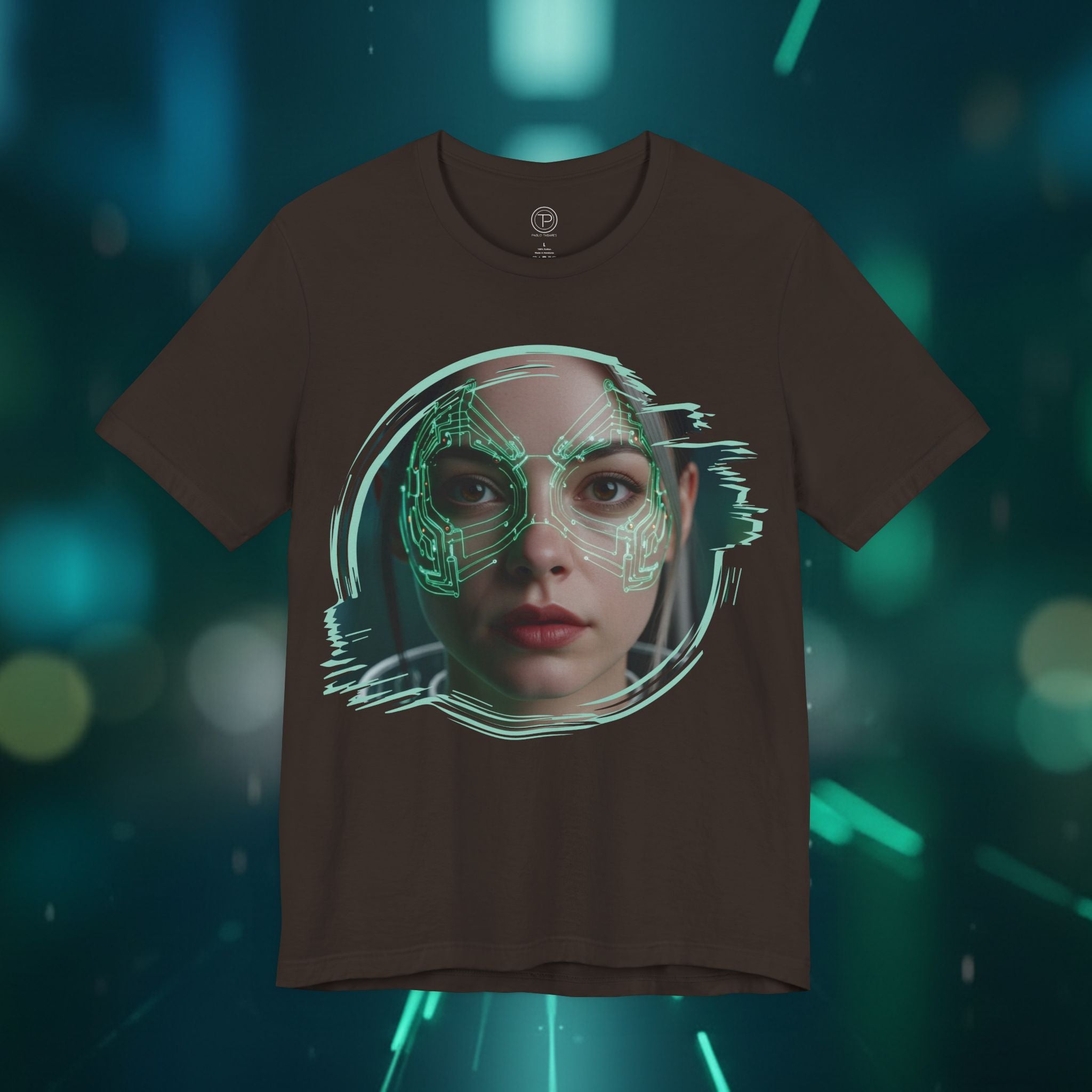 Cybernetic Portrait Tee — Futuristic Neon Circuit Face Graphic Shirt - Green Cyborg Woman