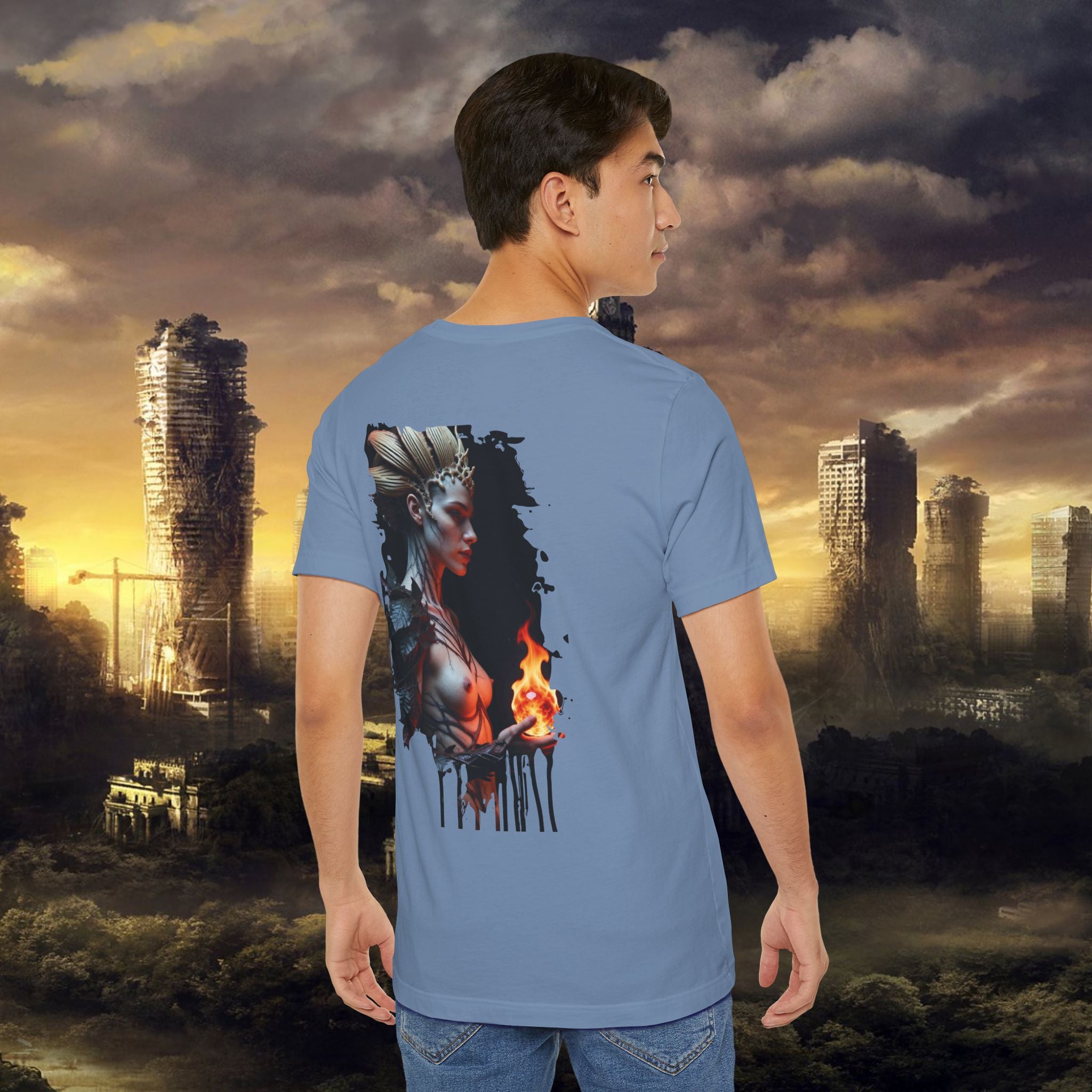 Mythic Fire Goddess T‑Shirt — Fantasy Portrait Tee with Flaming Orb - Alexia Ashford Side Face