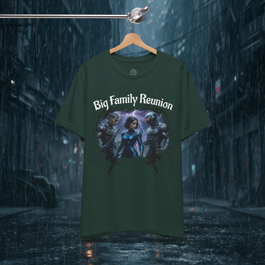 T-Shirt — "Big Family Reunion" Sci‑Fi Character Heart Graphic Tee - Battle Suits