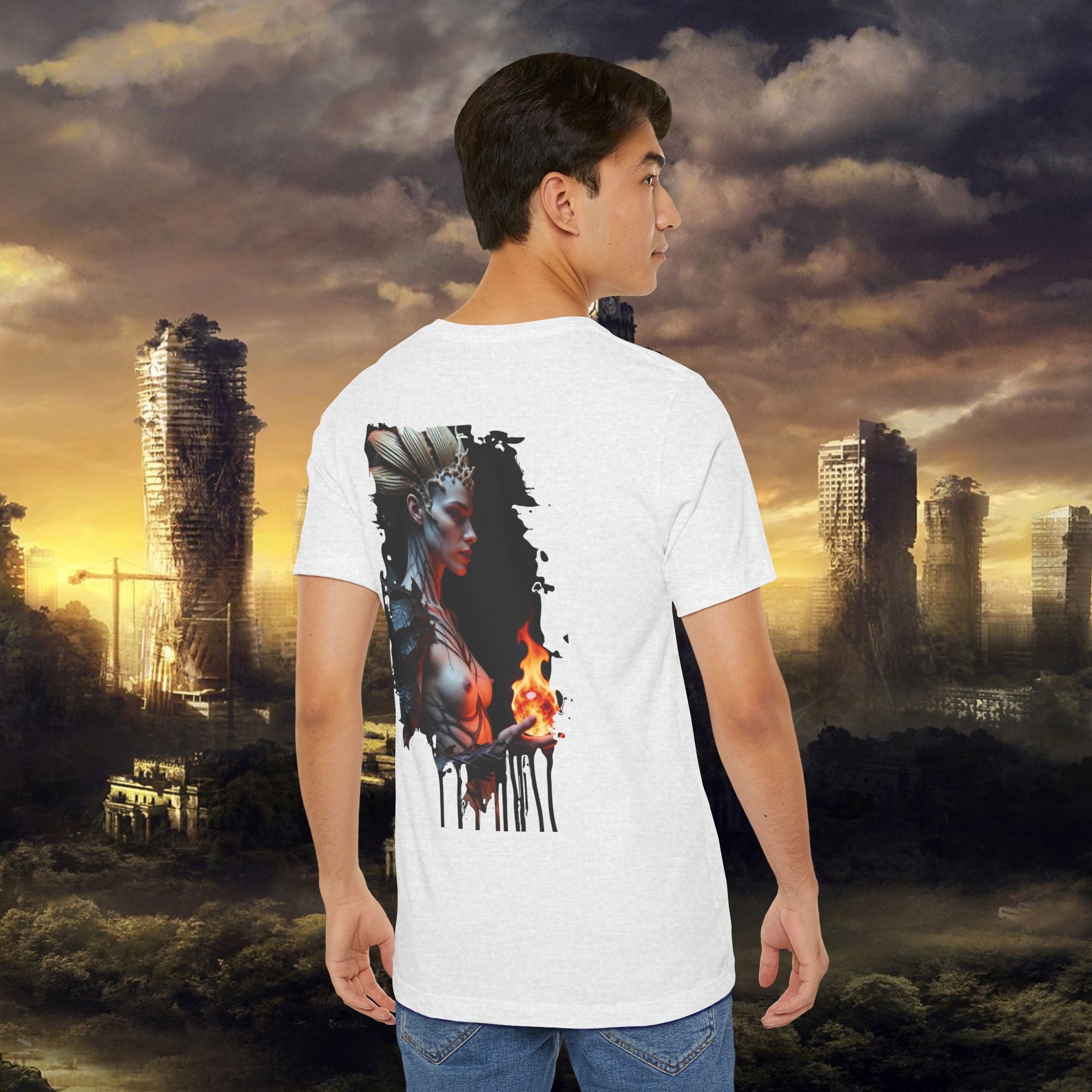 Mythic Fire Goddess T‑Shirt — Fantasy Portrait Tee with Flaming Orb - Alexia Ashford Side Face