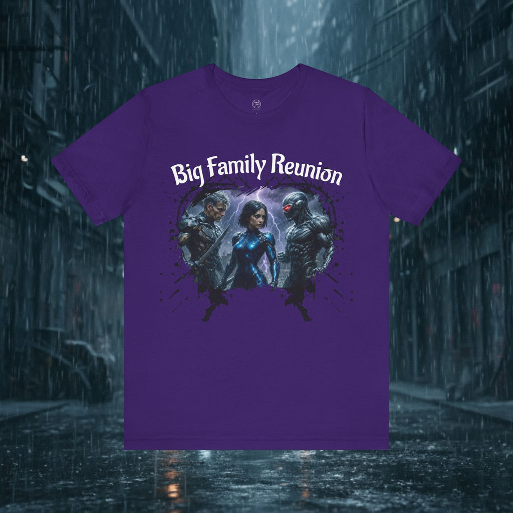 T-Shirt — "Big Family Reunion" Sci‑Fi Character Heart Graphic Tee - Battle Suits