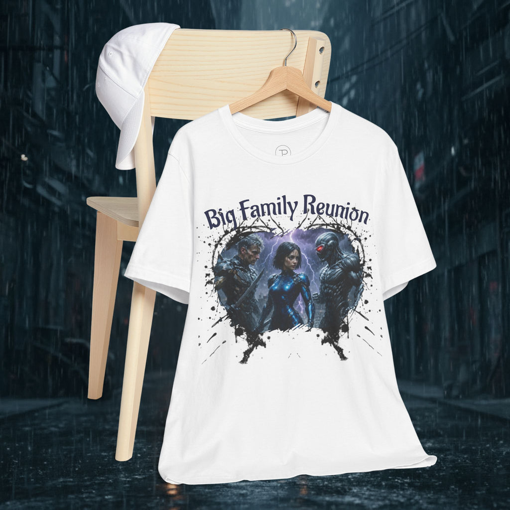 T-Shirt — "Big Family Reunion" Sci‑Fi Character Heart Graphic Tee - Battle Suits