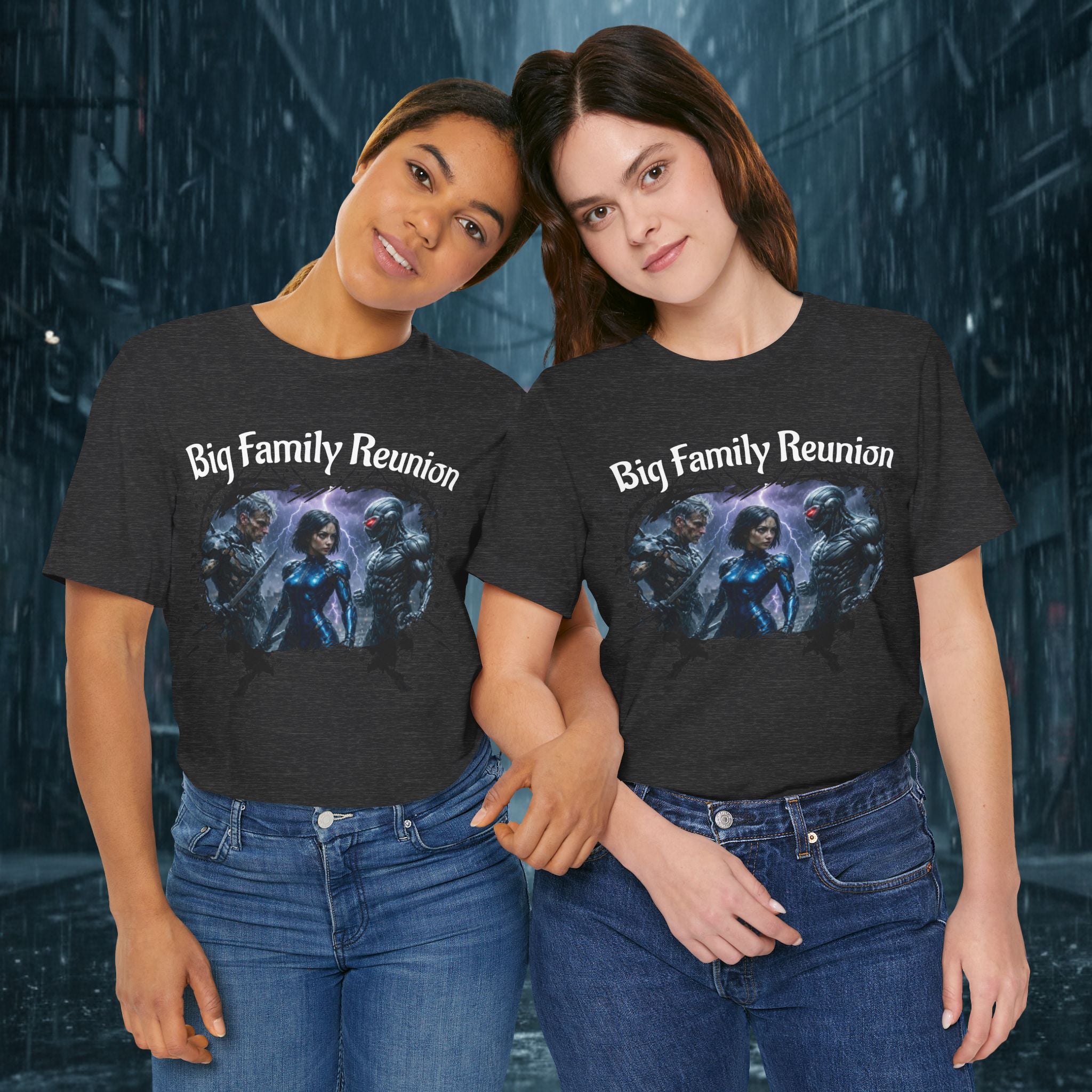 T-Shirt — "Big Family Reunion" Sci‑Fi Character Heart Graphic Tee - Battle Suits
