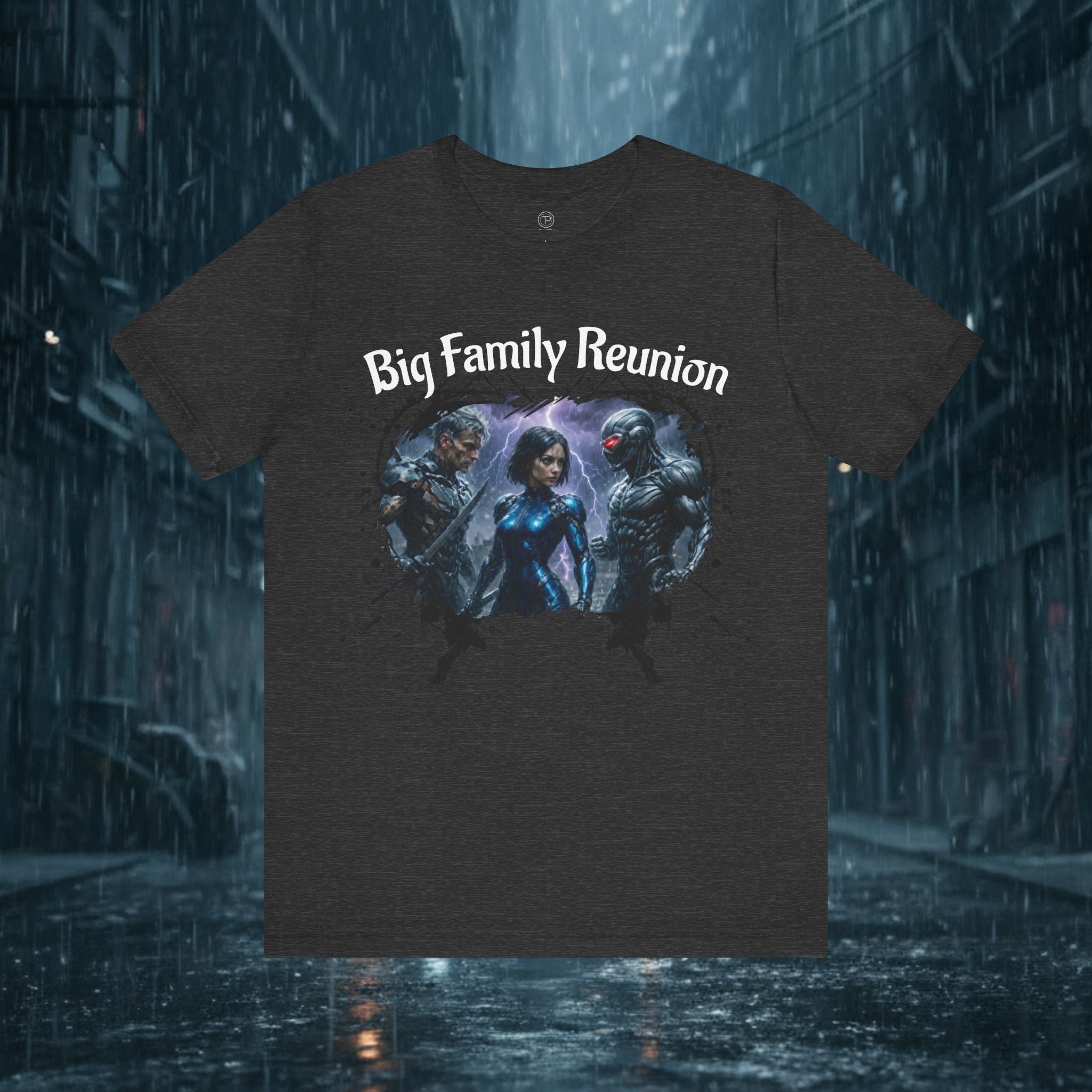T-Shirt — "Big Family Reunion" Sci‑Fi Character Heart Graphic Tee - Battle Suits
