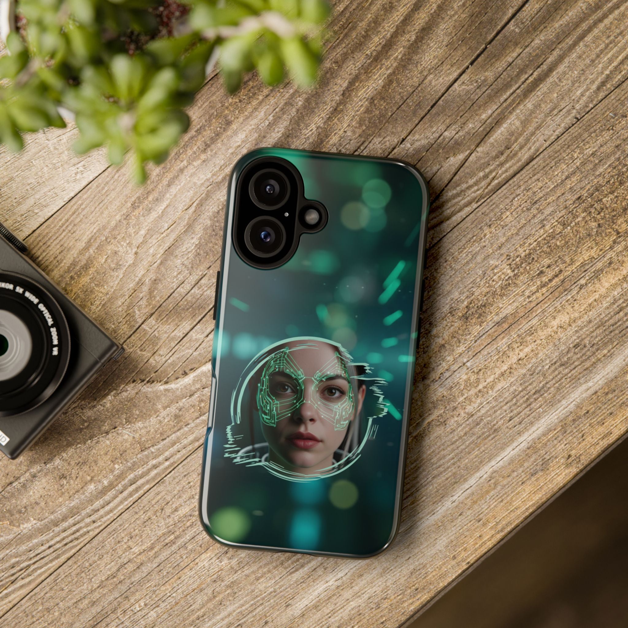Cyberpunk Portrait Phone Case — Futuristic Neon Tech Face Design Tough Case - Green Cyborg Woman