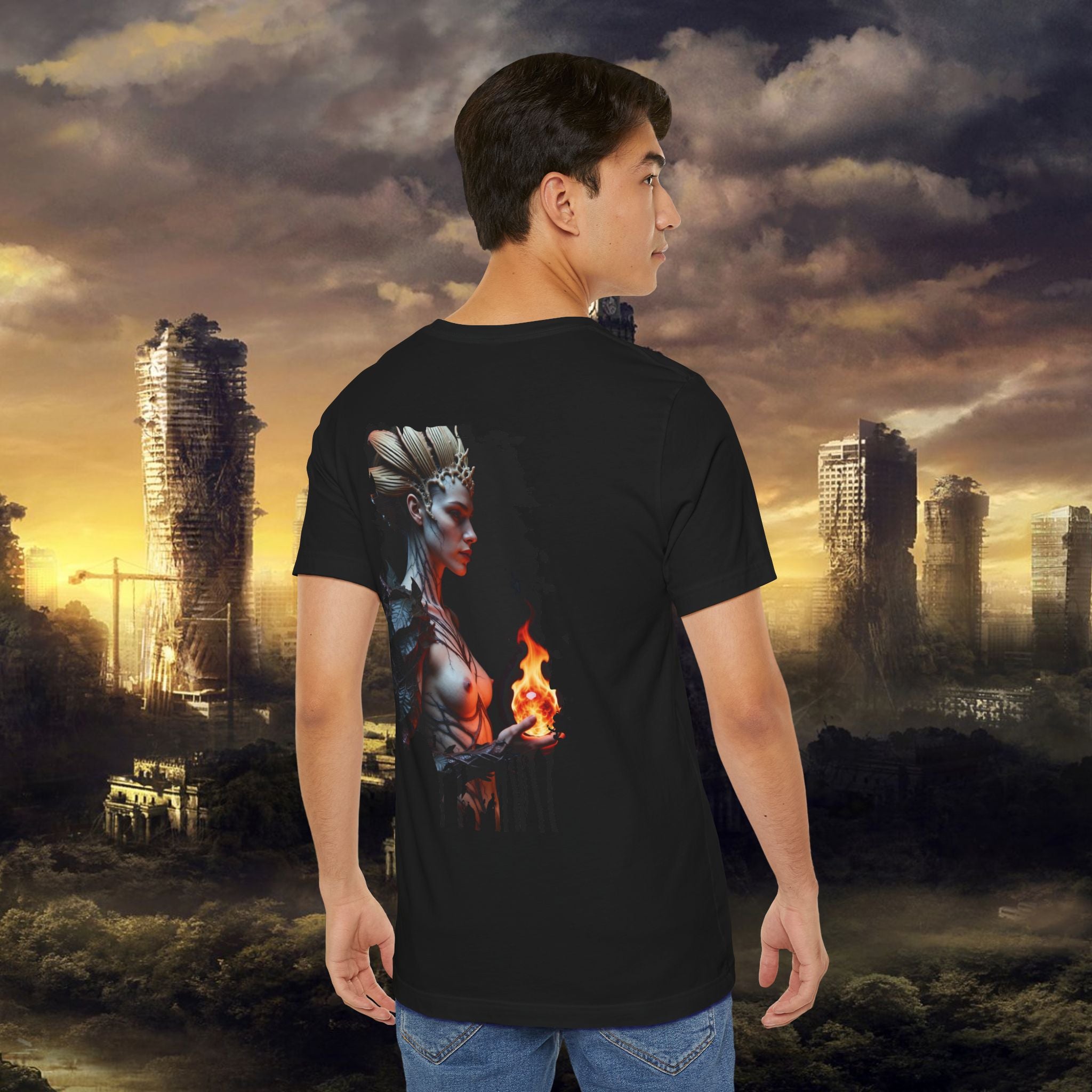 Mythic Fire Goddess T‑Shirt — Fantasy Portrait Tee with Flaming Orb - Alexia Ashford Side Face