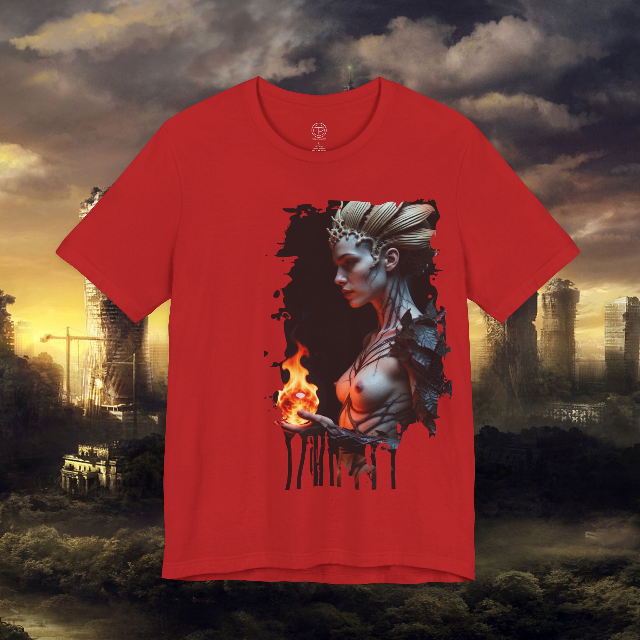 Mythic Fire Goddess T‑Shirt — Fantasy Portrait Tee with Flaming Orb - Alexia Ashford Side Face