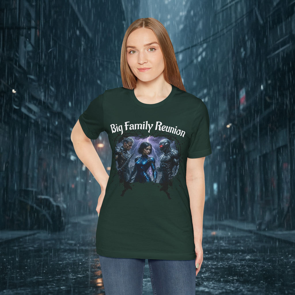 T-Shirt — "Big Family Reunion" Sci‑Fi Character Heart Graphic Tee - Battle Suits