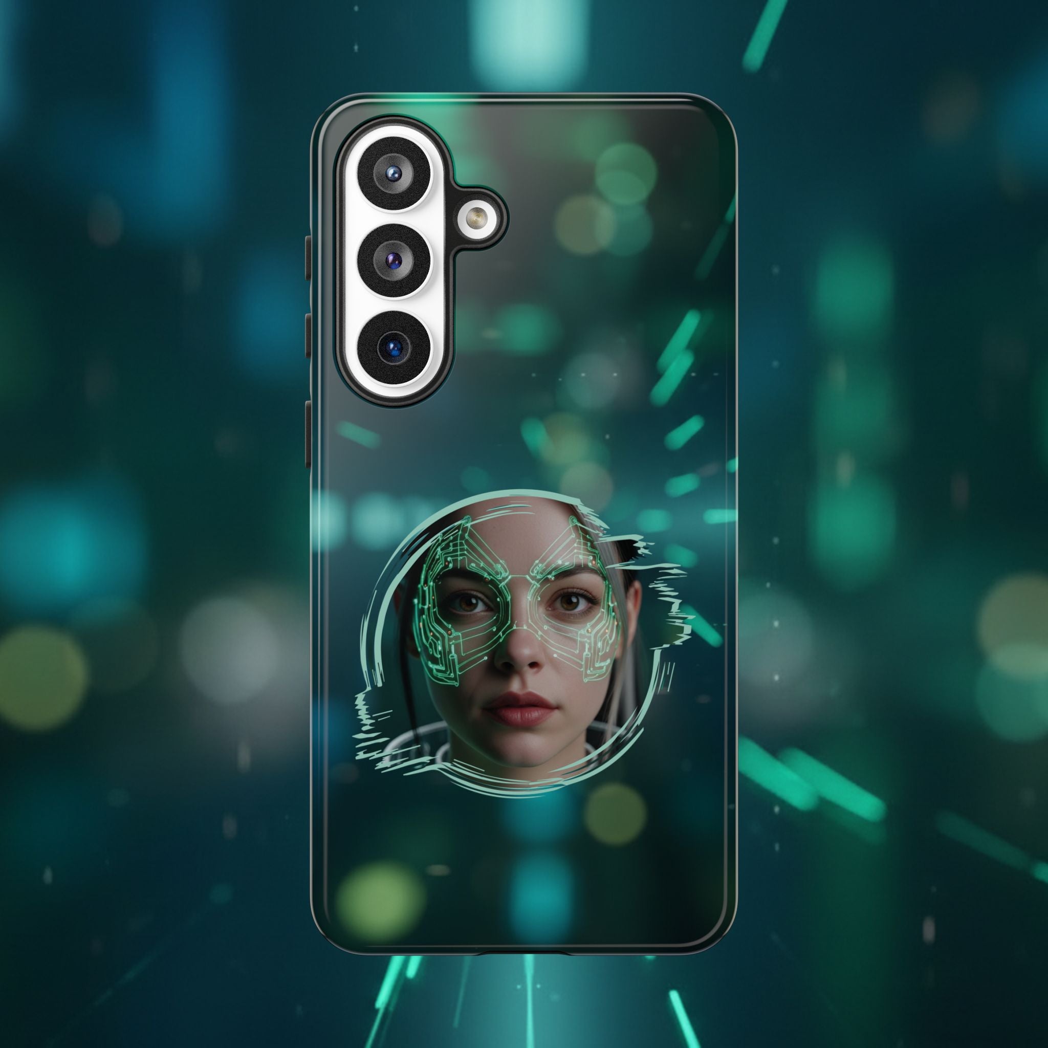 Cyberpunk Portrait Phone Case — Futuristic Neon Tech Face Design Tough Case - Green Cyborg Woman