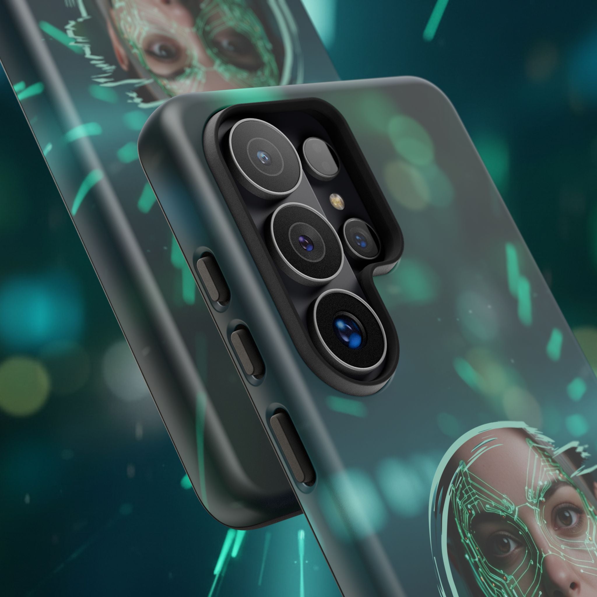 Cyberpunk Portrait Phone Case — Futuristic Neon Tech Face Design Tough Case - Green Cyborg Woman