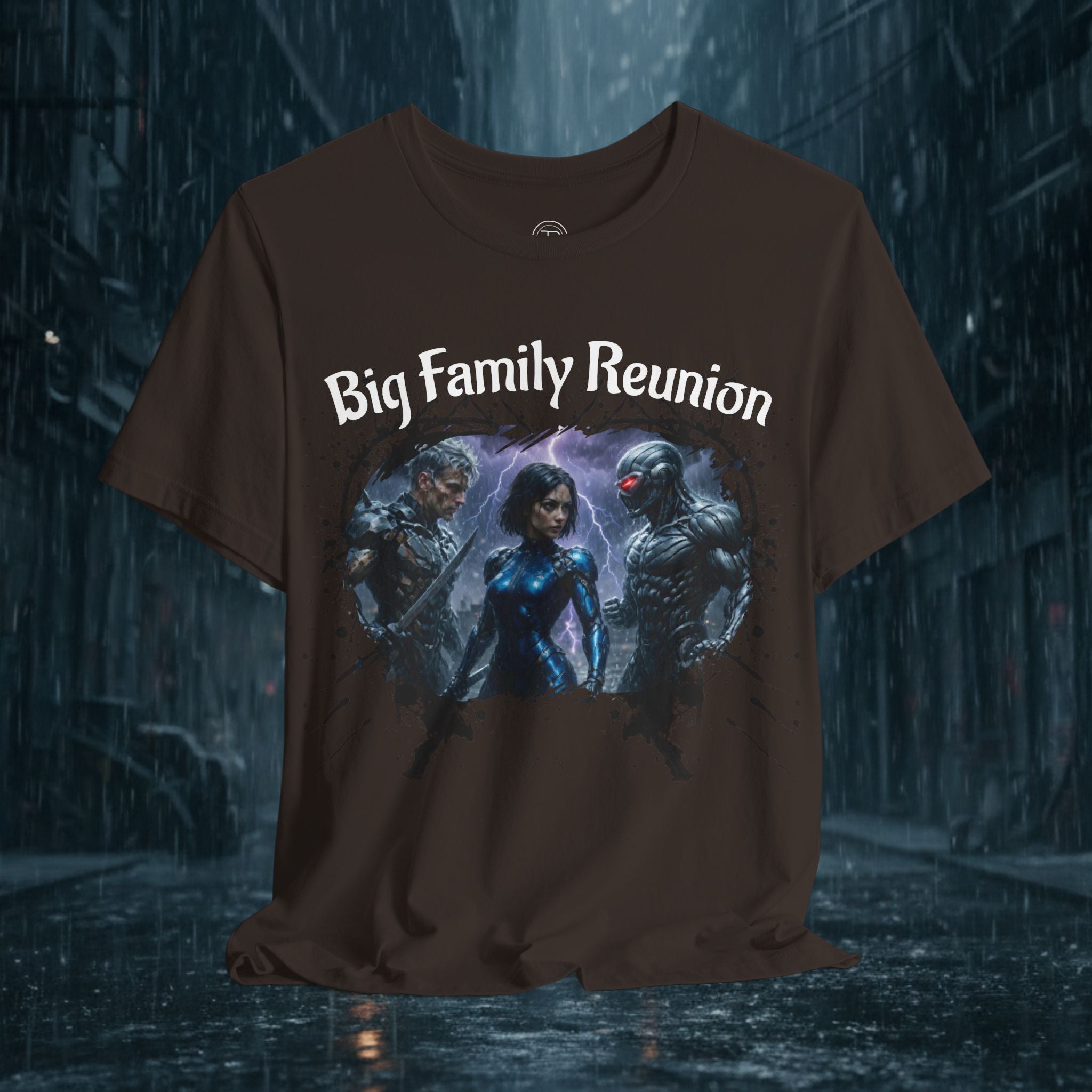 T-Shirt — "Big Family Reunion" Sci‑Fi Character Heart Graphic Tee - Battle Suits