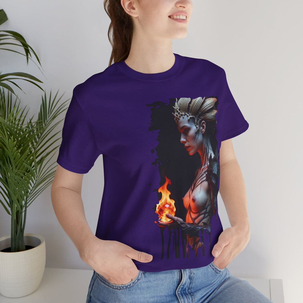 Mythic Fire Goddess T‑Shirt — Fantasy Portrait Tee with Flaming Orb - Alexia Ashford Side Face