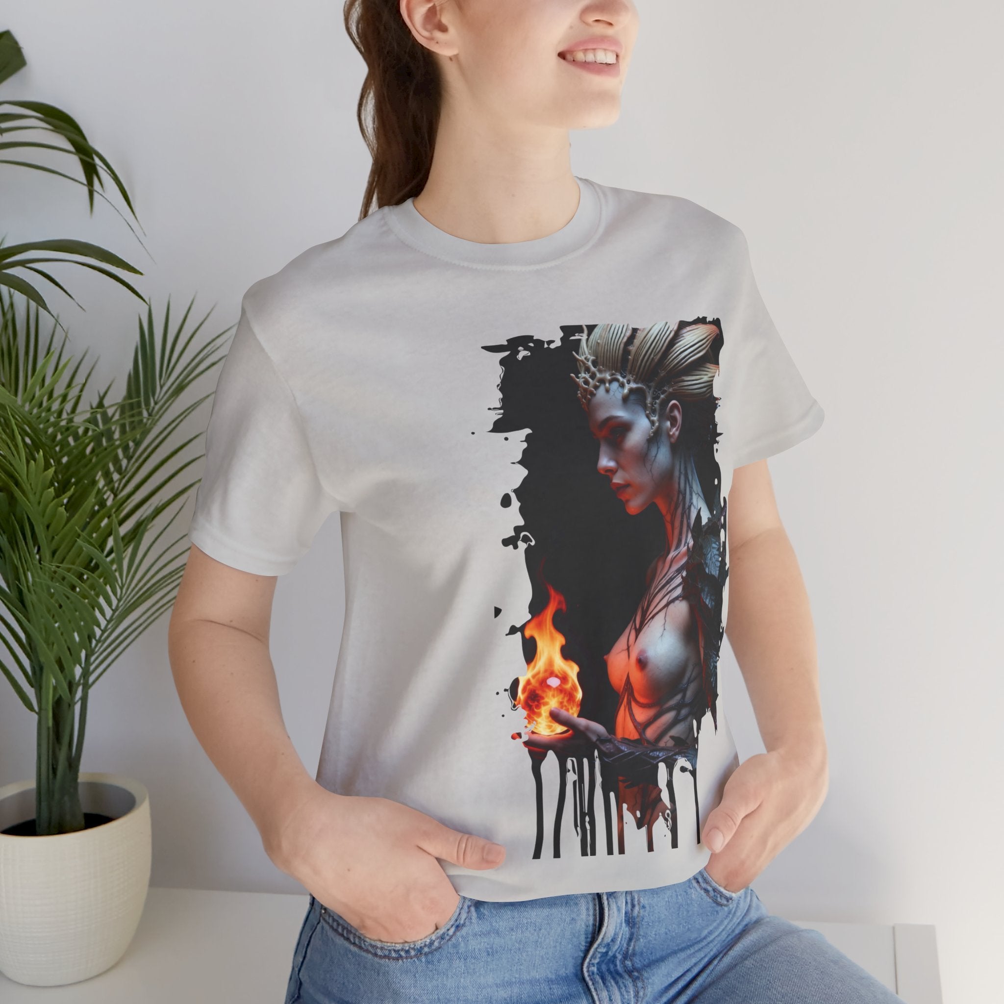Mythic Fire Goddess T‑Shirt — Fantasy Portrait Tee with Flaming Orb - Alexia Ashford Side Face